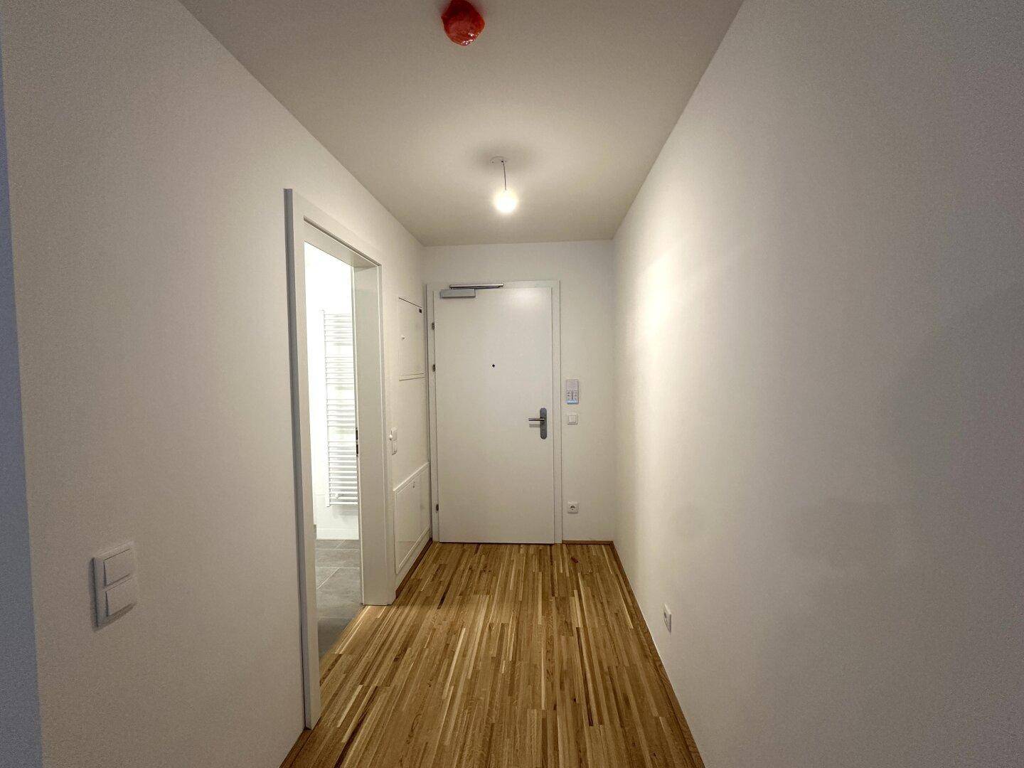 Heller Eingangsbereich mit Holzboden und weißer Eingangstür, die zu den weiteren Räumen führt.