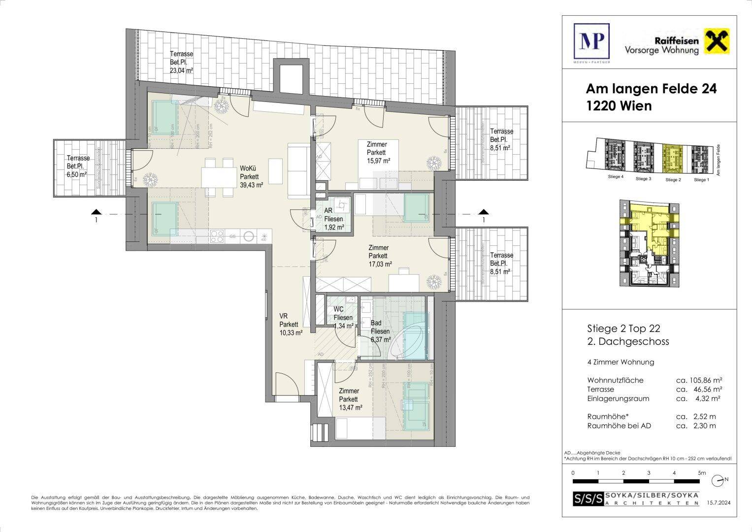 Detaillierter Grundriss einer 4-Zimmer-Wohnung mit mehreren Terrassen und offenem Wohnbereich.
