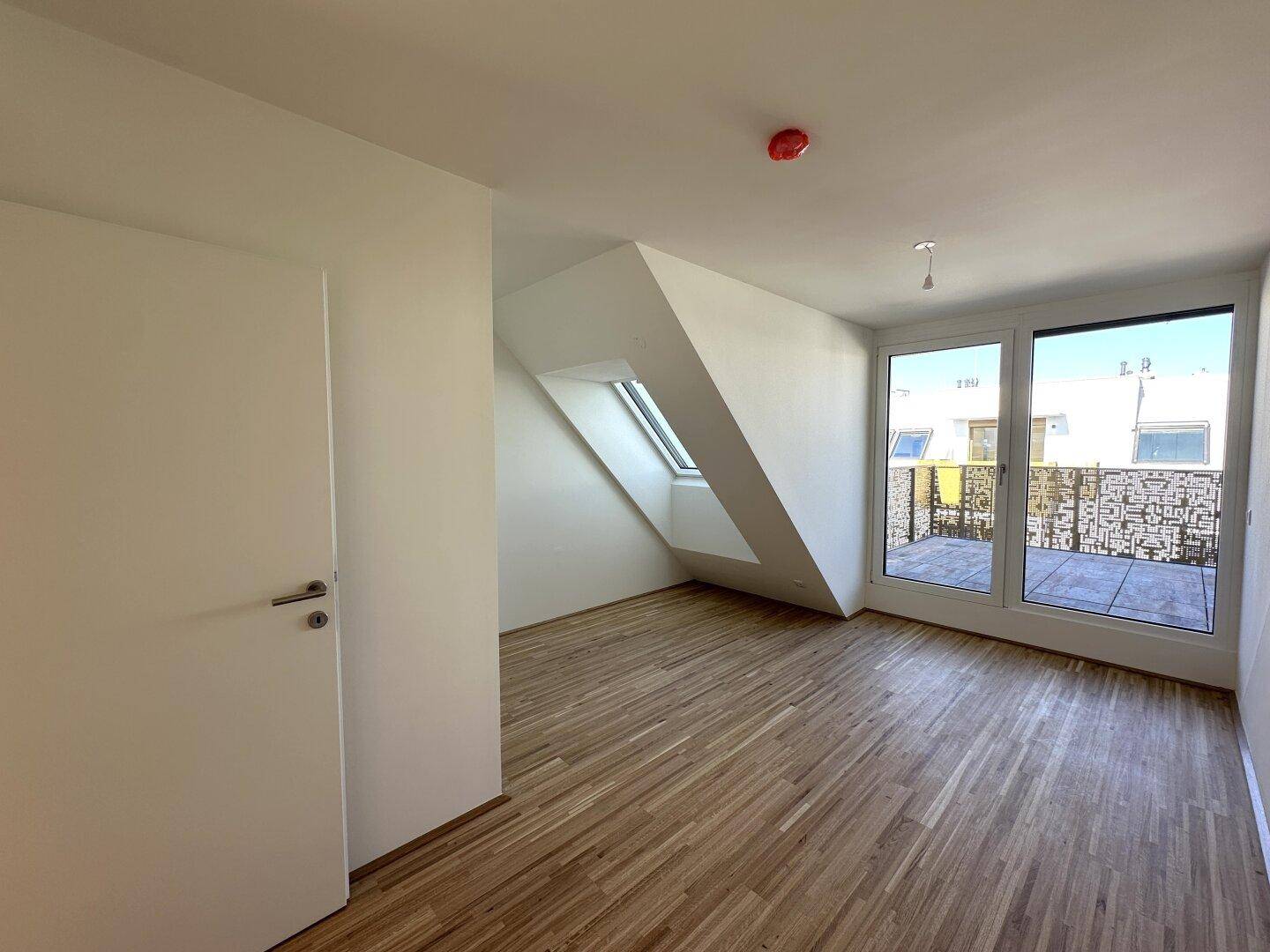 Geräumiges Schlafzimmer mit Parkettboden, Dachschräge und Zugang zur Dachterrasse.