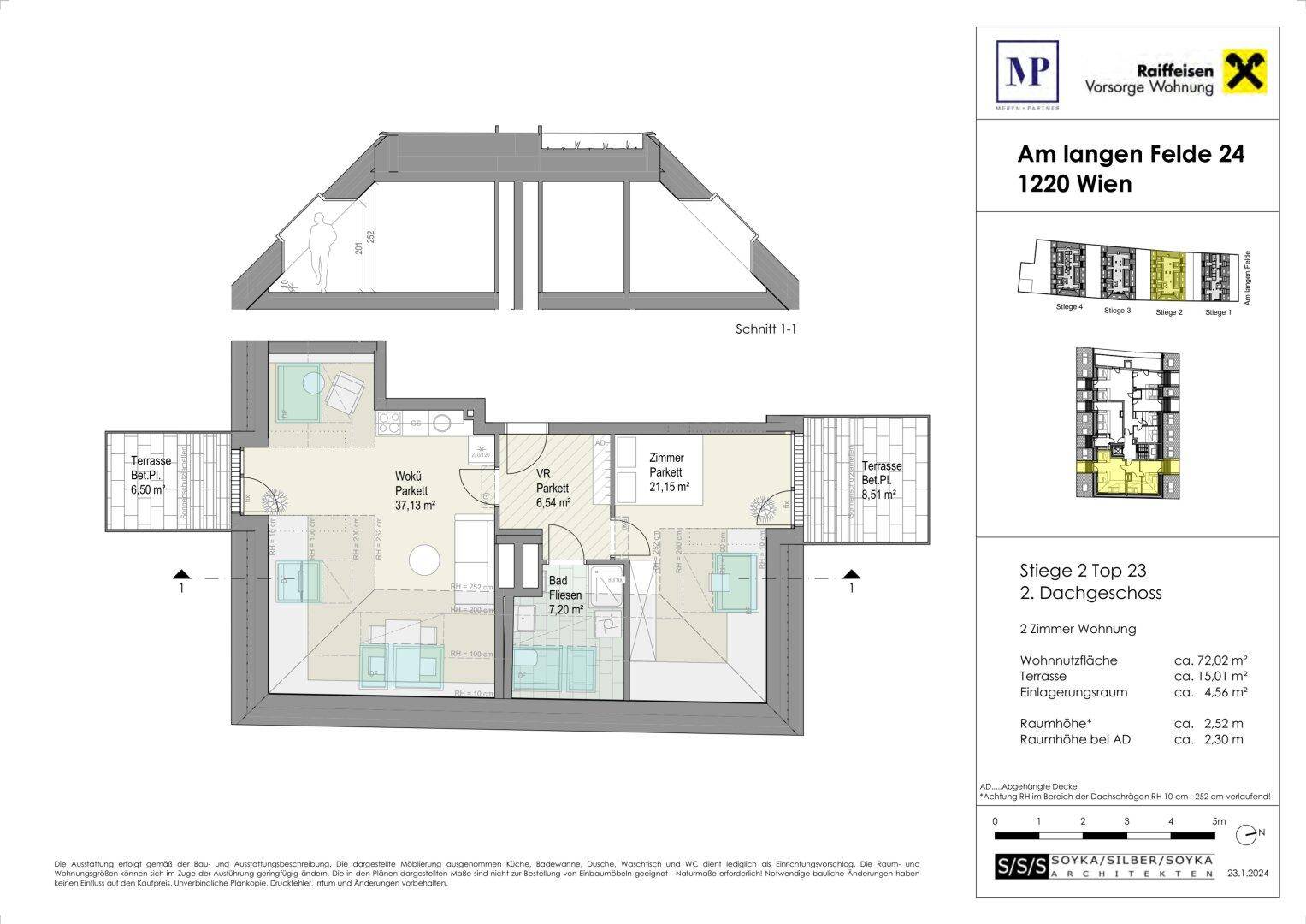 Grundriss der 2-Zimmer-Wohnung im 2. Dachgeschoss mit zwei Terrassen.