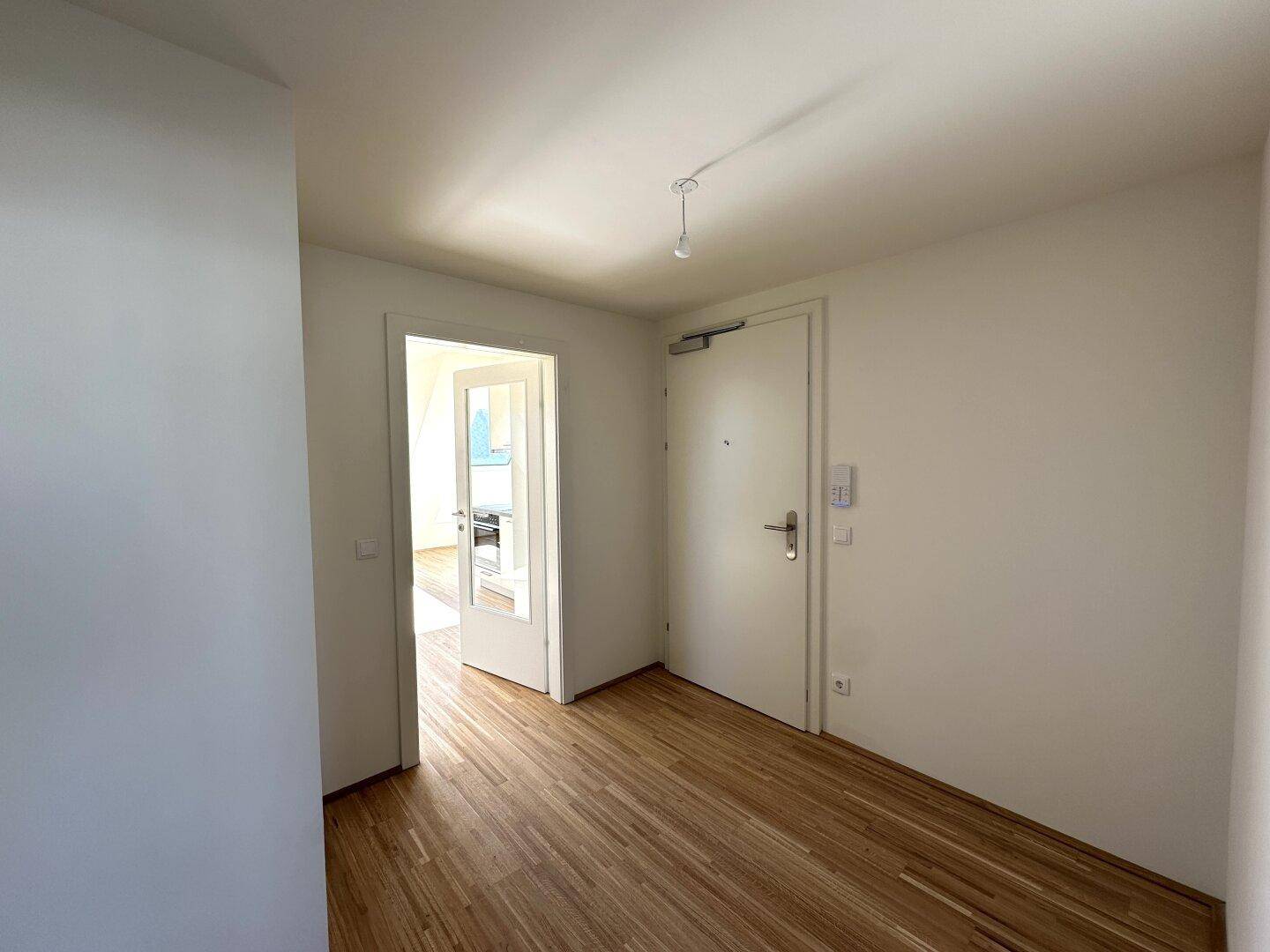 Eingangsbereich mit Holzboden und weißer Tür, die in den Wohnbereich führt.