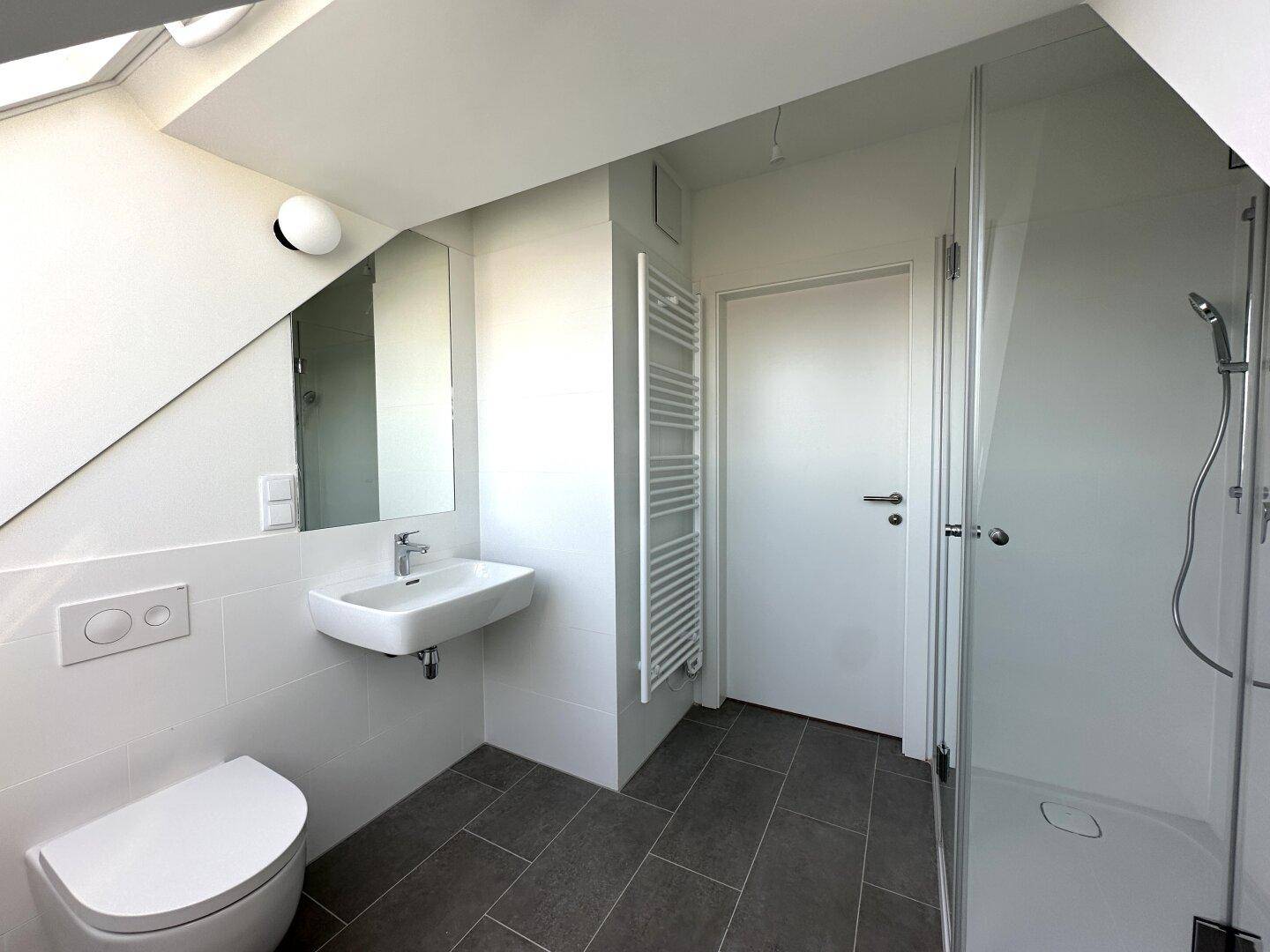 Helles Badezimmer mit modernem Waschtisch, Wand-WC und großer Duschkabine.