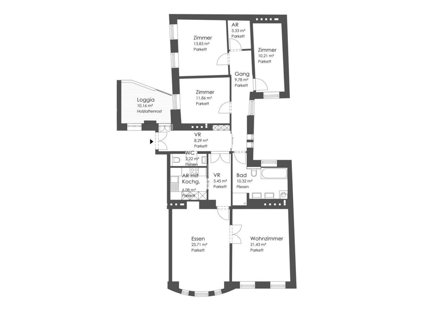 Detaillierter Grundriss mit Raumaufteilung, Loggia und Flächenangaben in Quadratmetern.