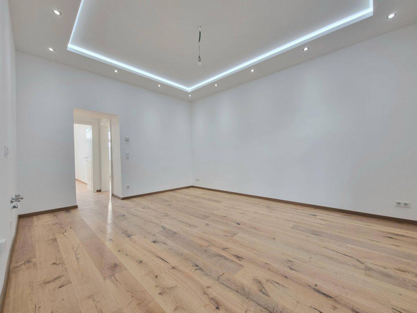 Großzügiges Zimmer mit Eichenparkett und moderner Deckenbeleuchtung, offener Zugang zu einem weiteren Raum.