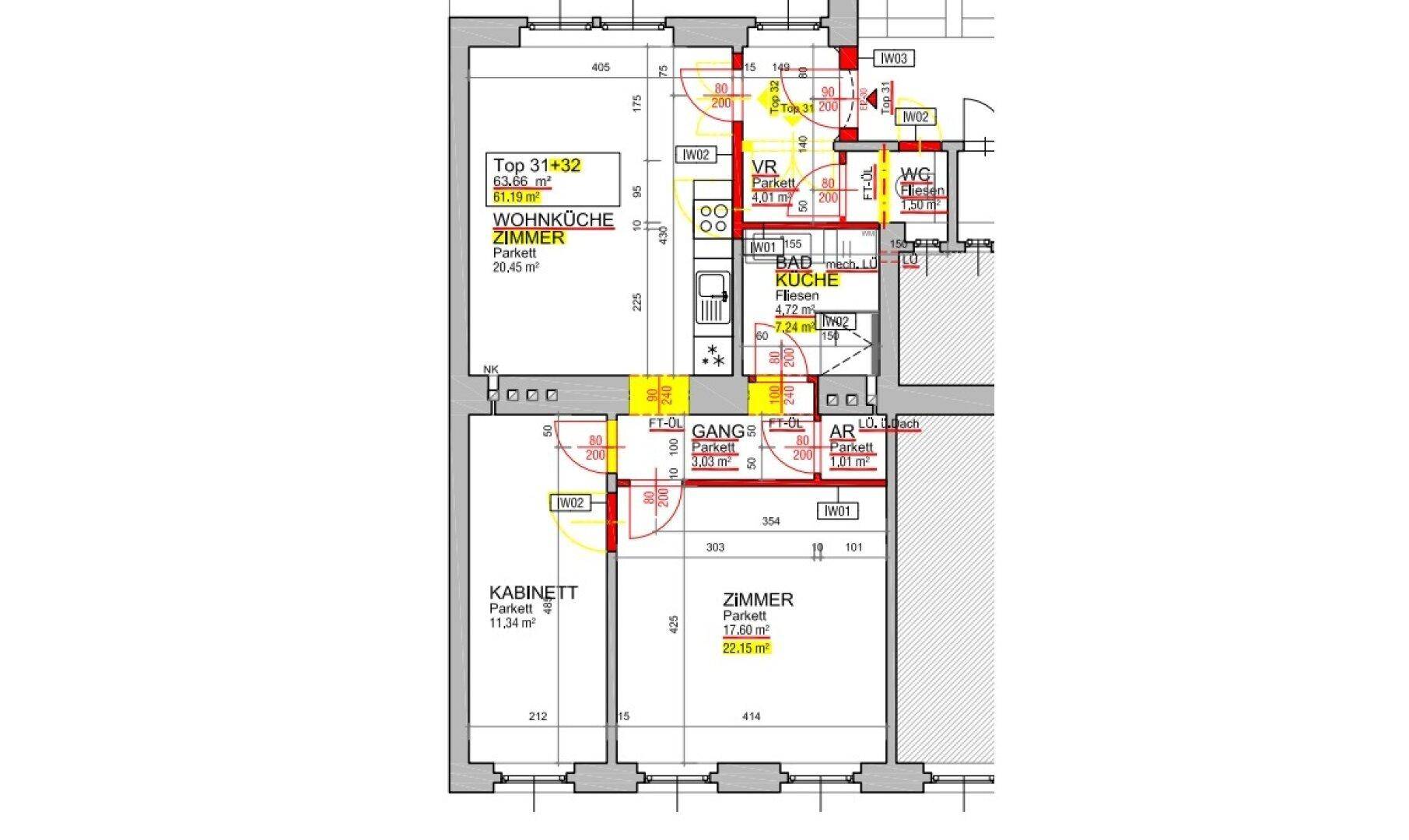 Detaillierter Grundriss einer Wohnung mit Wohnküche, Zimmern und Bad, inklusive Flächenangaben.