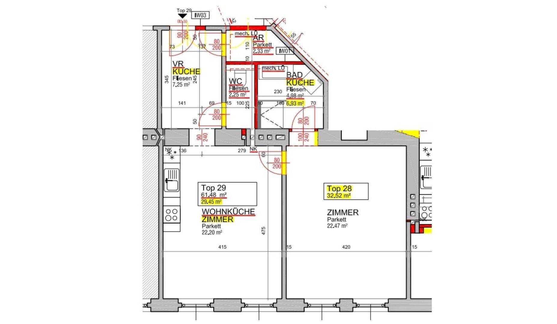 Grundriss einer Wohnung mit zwei Zimmern, Küche, Bad und separatem WC, inklusive Flächenangaben.