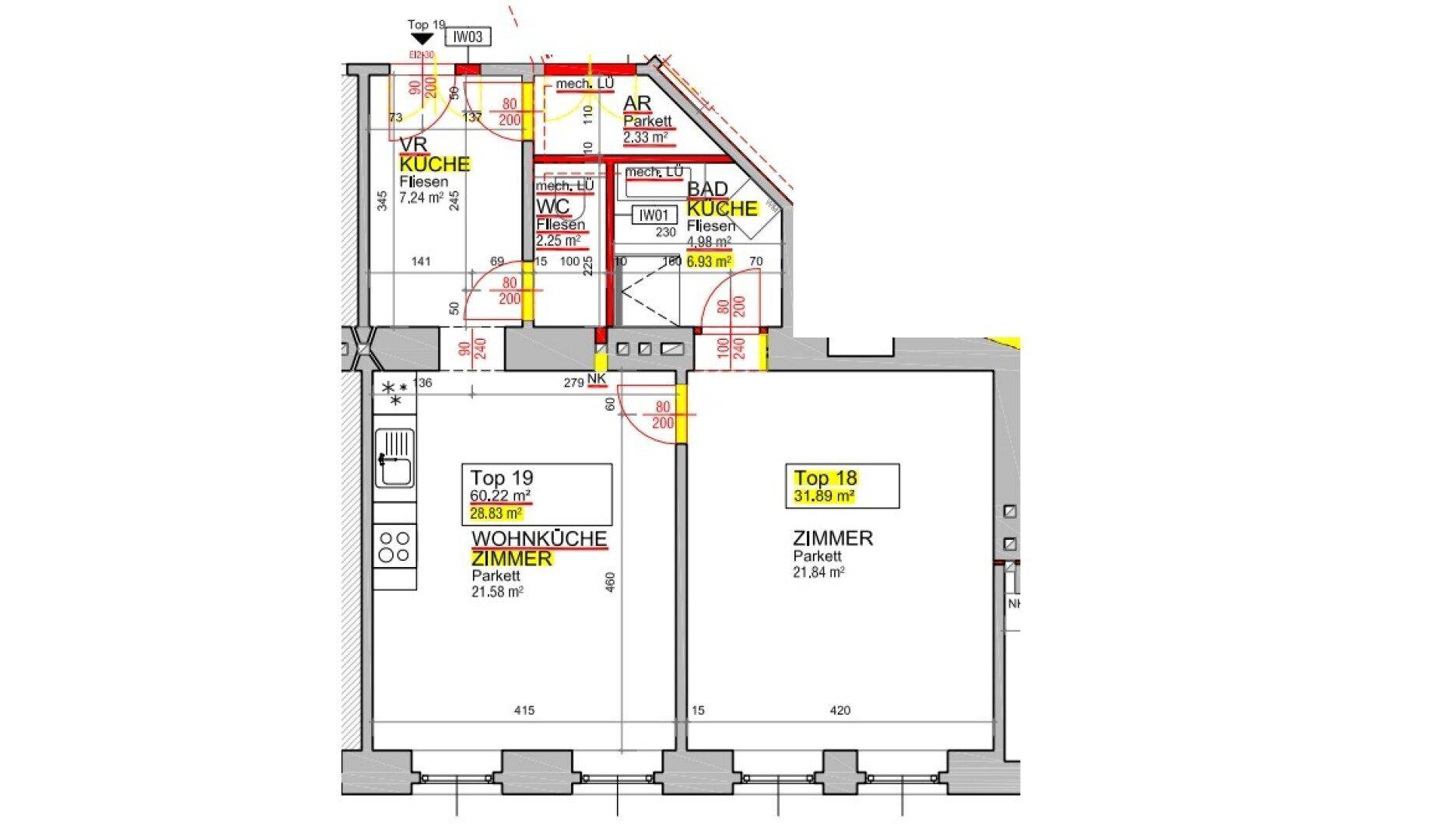 Grundrissplan mit Wohnküche, Zimmern, Bad und WC, inklusive Flächenangaben.