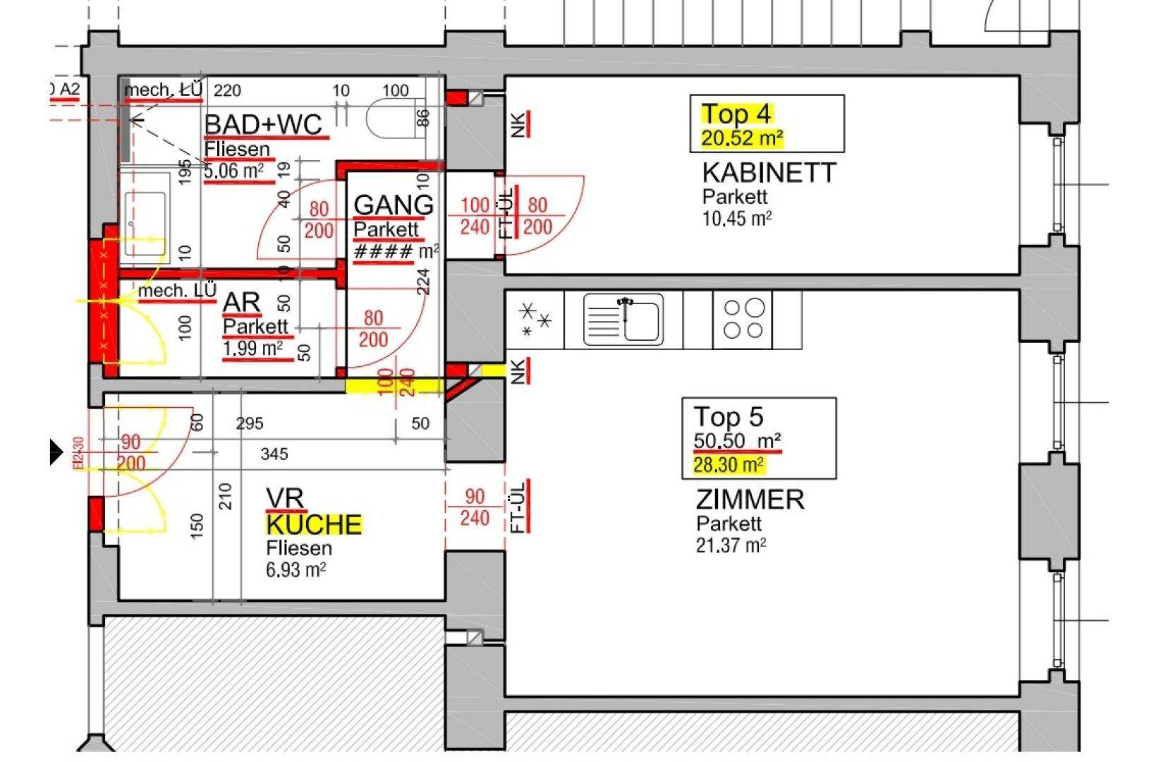 Grundriss einer Wohnung mit Bad, WC, Küche, Kabinett und Zimmern.