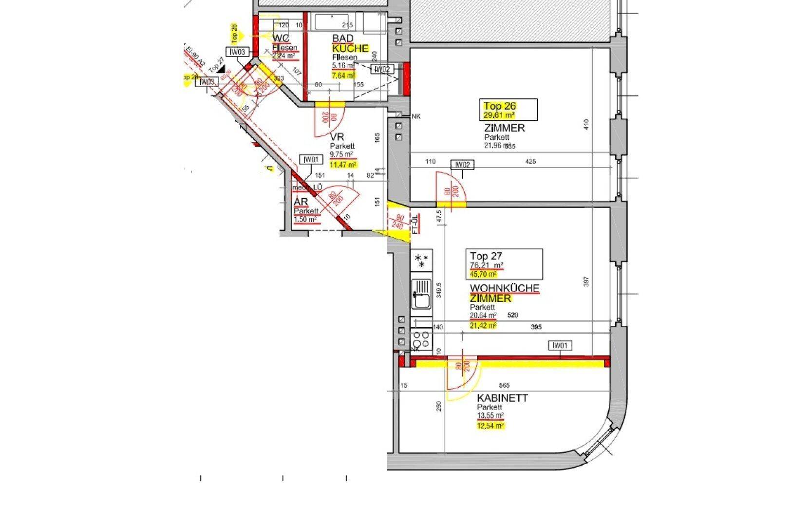 Detaillierter Grundriss mit verschiedenen Räumen und deren Flächenangaben.