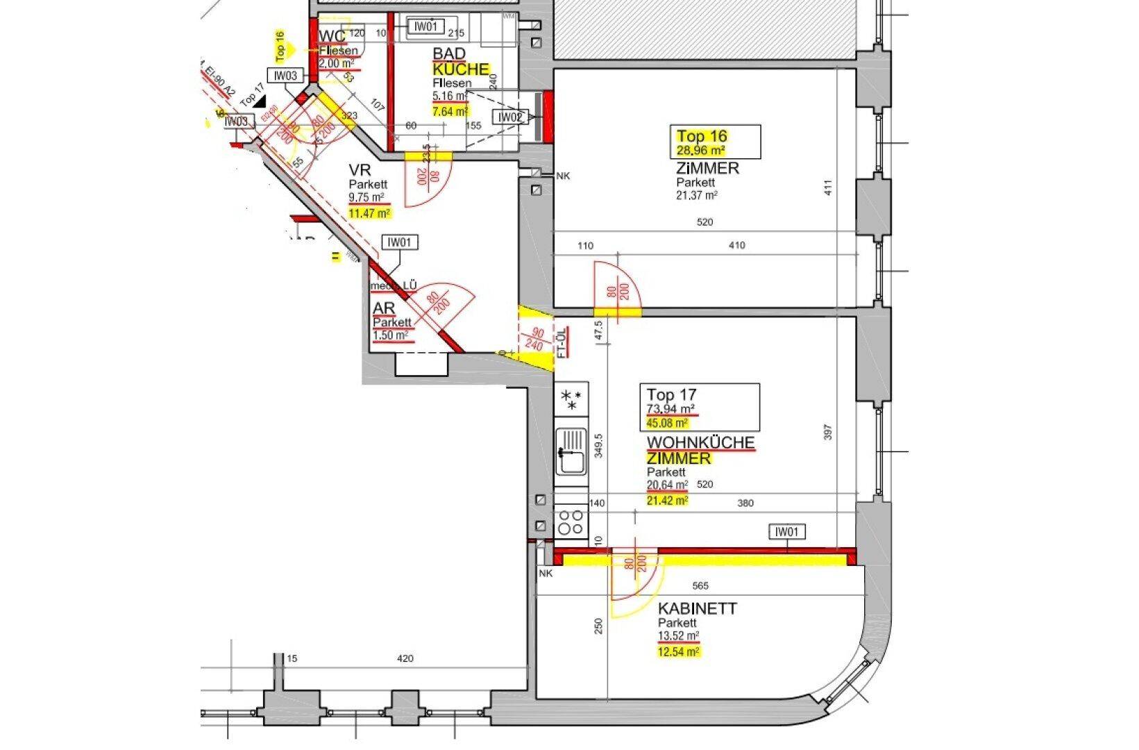 Grundriss einer Wohnung mit mehreren Zimmern, Bad, WC und Wohnküche, inklusive Flächenangaben.