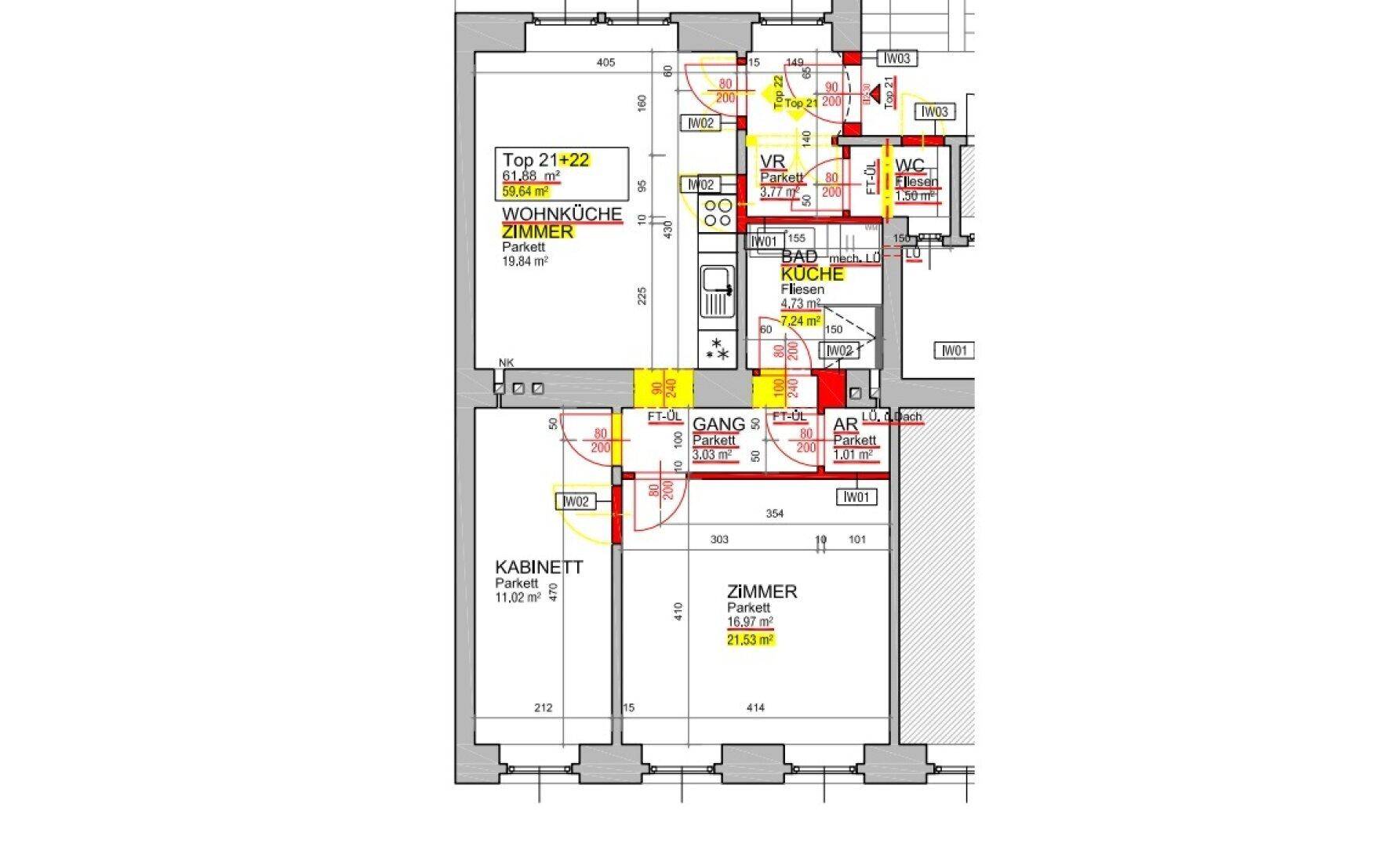 Grundriss einer Wohnung mit Wohnküche, zwei Zimmern, Bad und separatem WC.