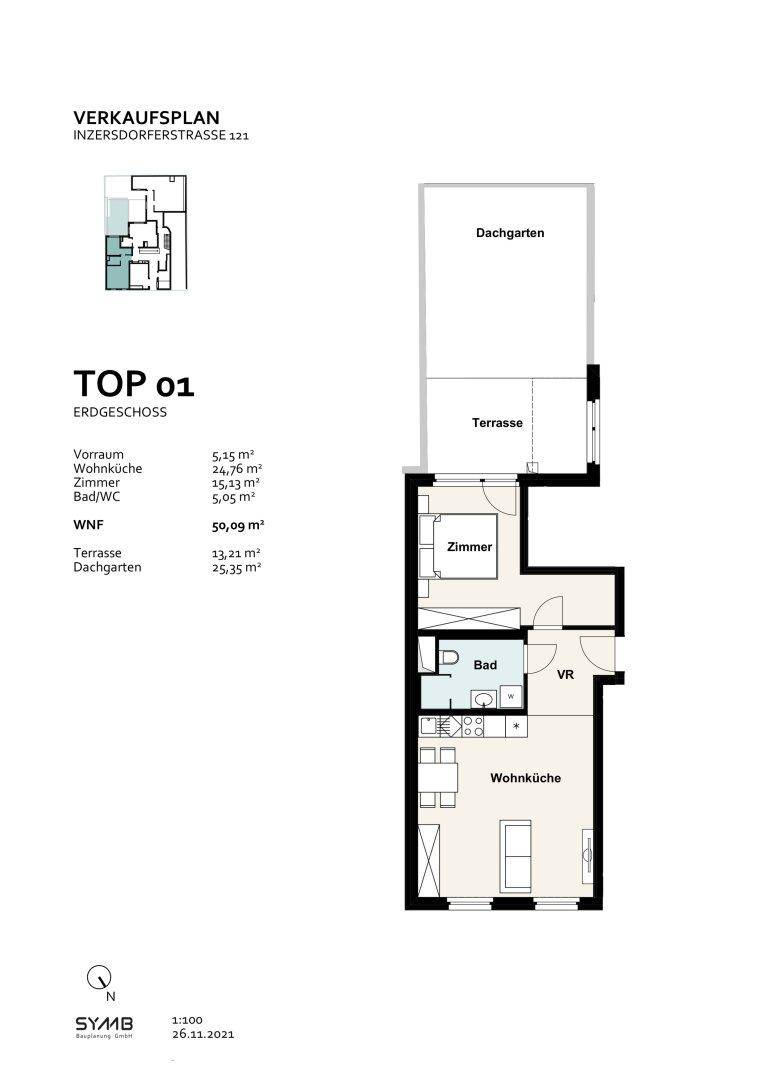 Grundrissplan für eine Erdgeschosswohnung mit Wohnküche, Schlafzimmer und Terrasse.