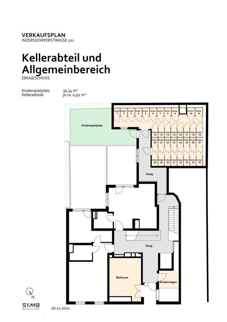 Grundriss des Kellerabteils und der allgemeinen Bereiche im Erdgeschoss mit Spielplatz und Abstellräumen.