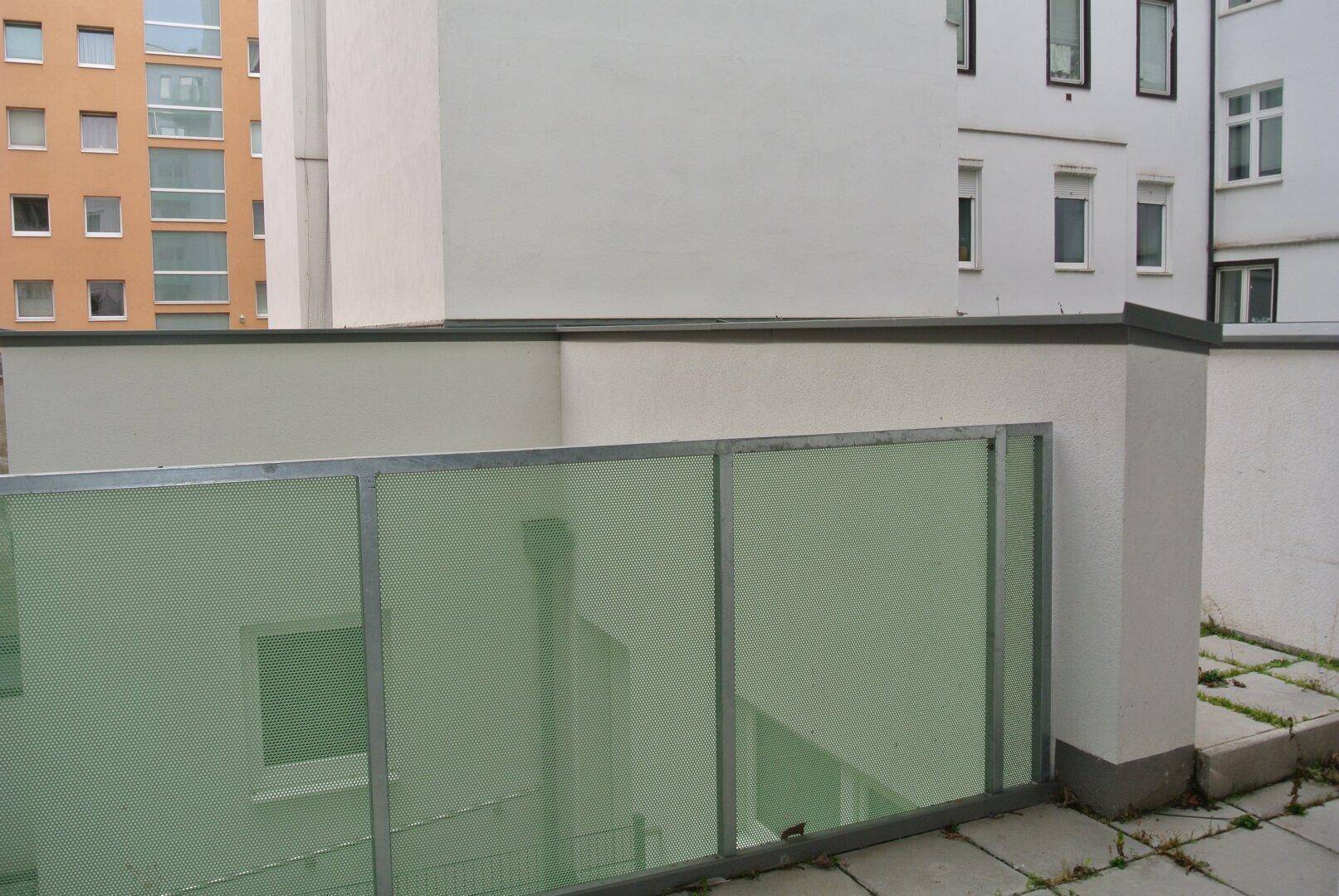Außenbereich mit grünem Metallgeländer und Blick auf die umliegenden Wohngebäude.