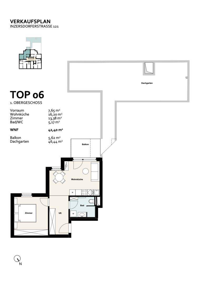 Grundriss der Wohnung TOP 06 im ersten Obergeschoss mit Balkon und Dachgarten.