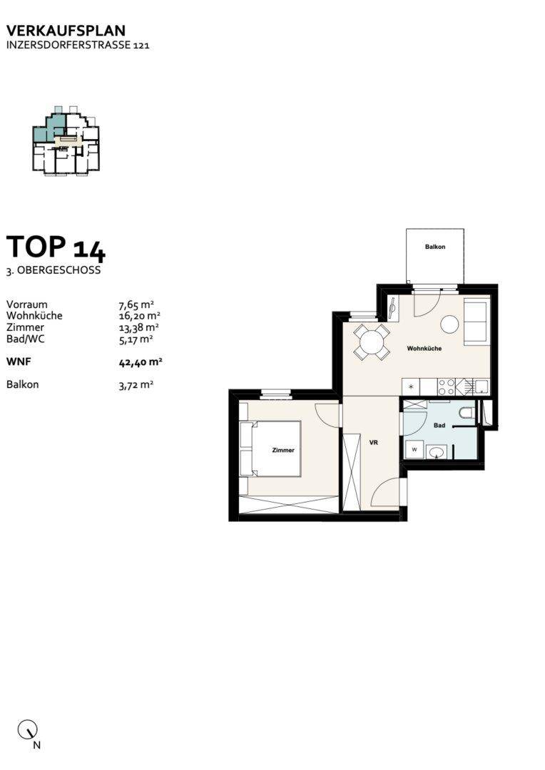Grundrissplan der Wohnung Top 14 im 3. Obergeschoss mit Balkon und Wohnküche.