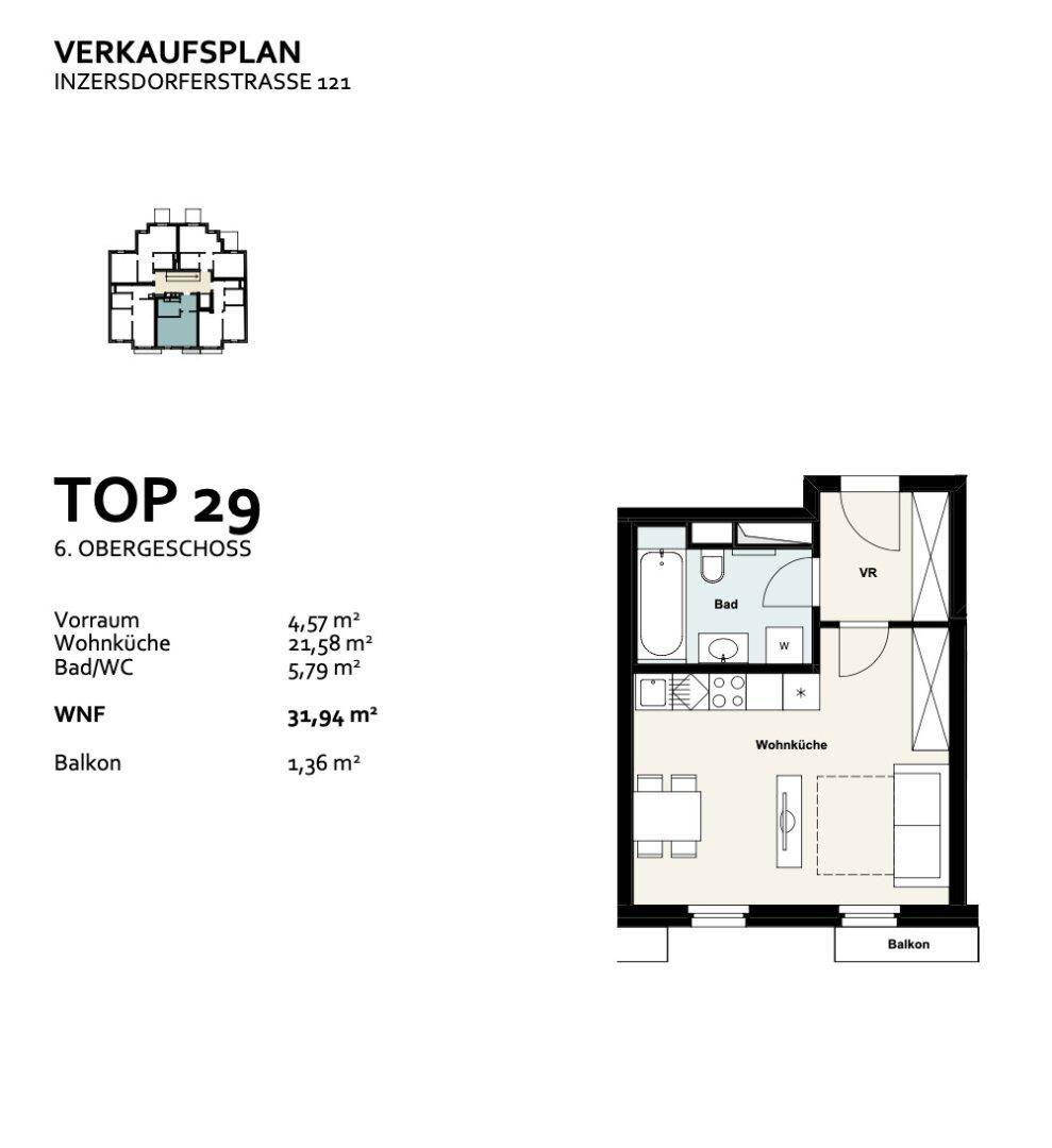 Grundriss der Wohnung Top 29 im 6. Obergeschoss mit Wohnküche, Bad und Balkon.