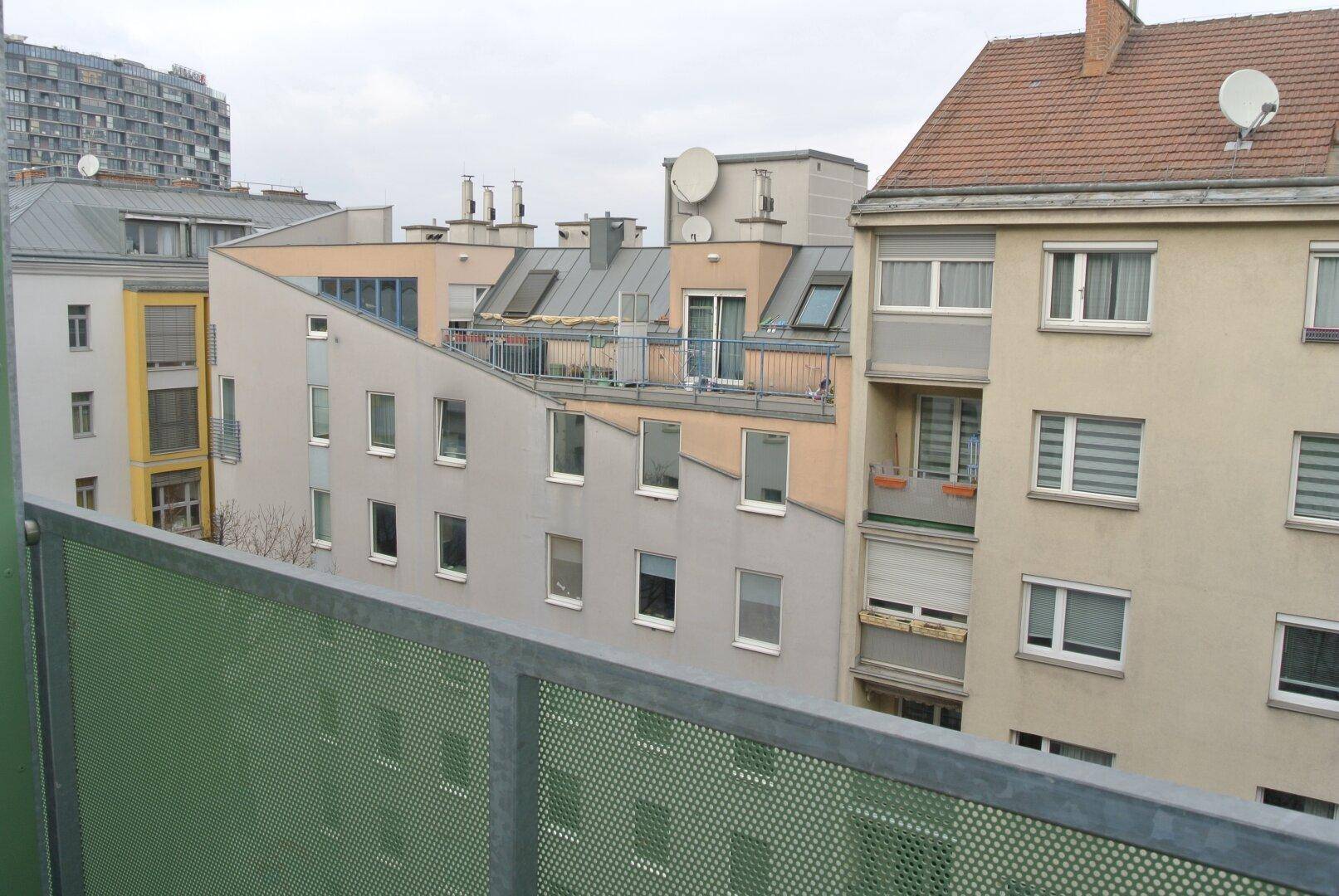 Blick von einem Balkon mit grüner Brüstung auf umliegende Wohngebäude und Dächer.