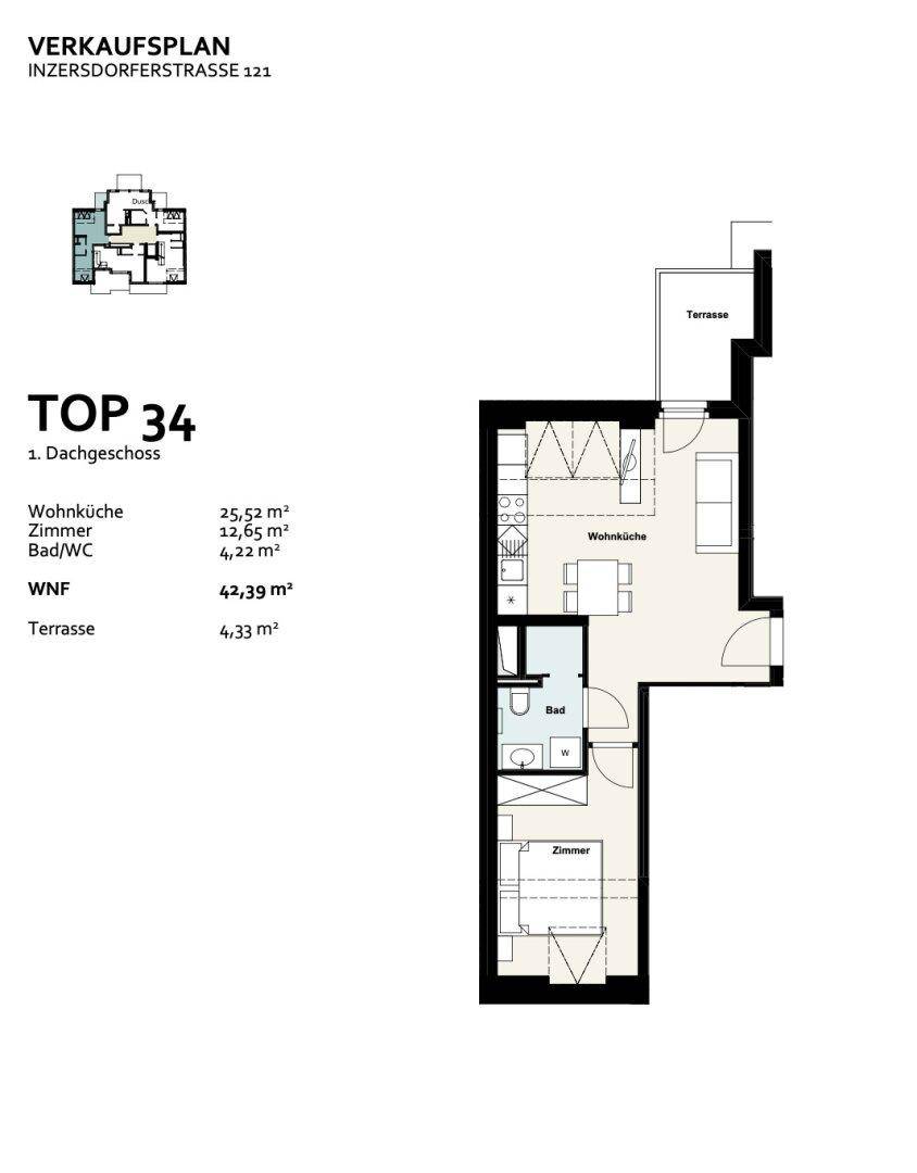 Grundrissplan der Dachgeschosswohnung mit Wohnküche, Zimmer und Terrasse.