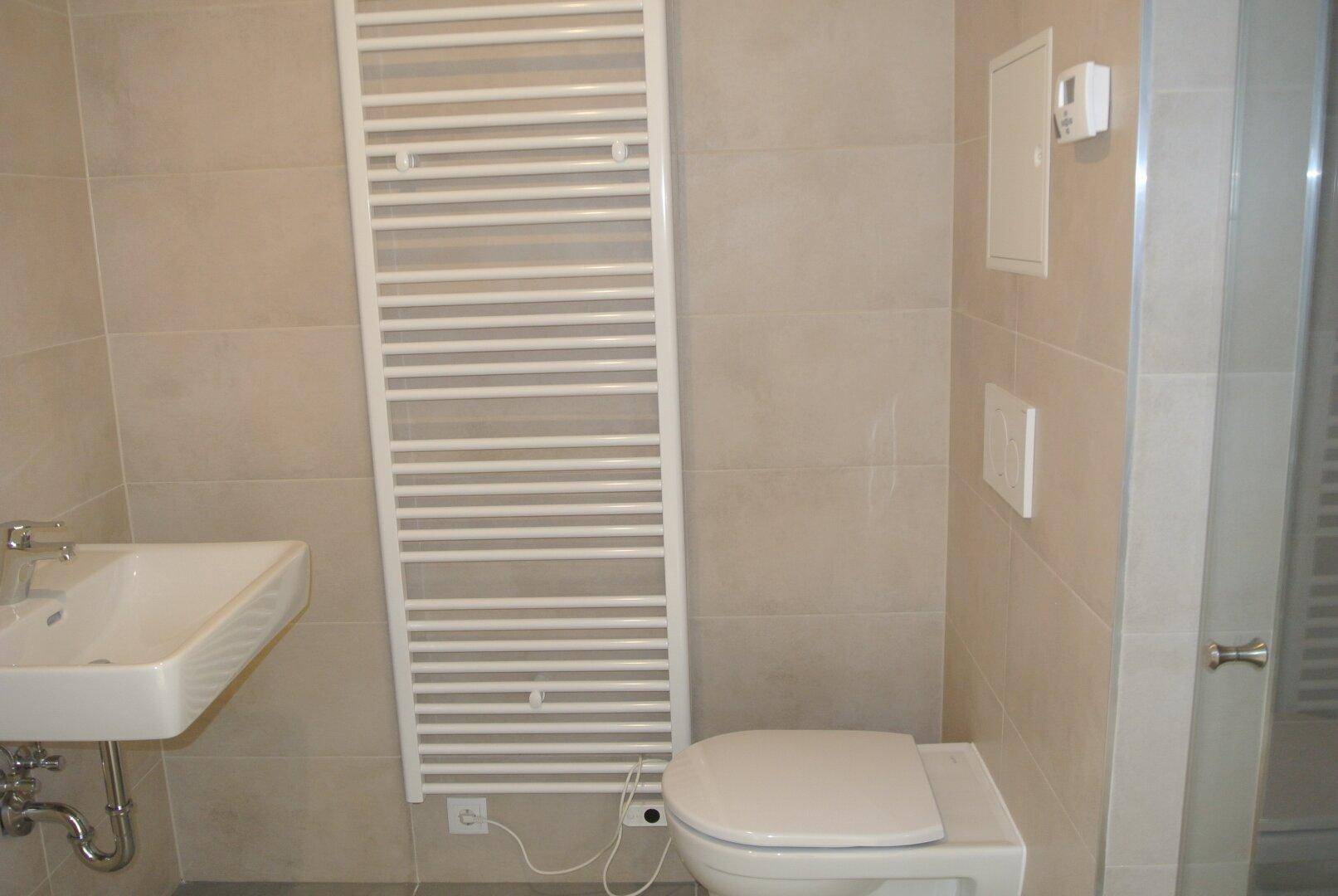 Modernes Badezimmer mit WC, Waschbecken und beheiztem Handtuchhalter.