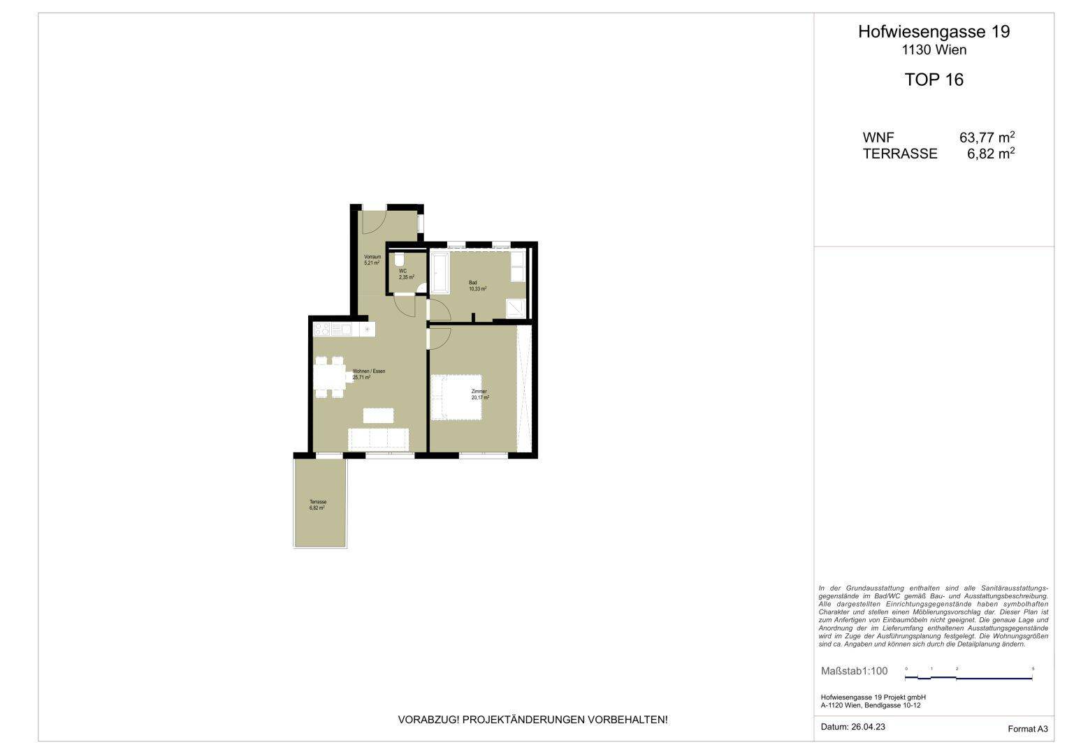 Grundriss der Wohnung Top 16 mit 63,77 m² Wohnfläche und 6,82 m² Terrasse.