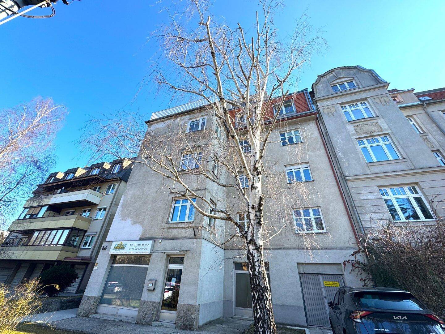 Fassade des älteren Gebäudes mit Geschäftsfläche und einem Baum im Vordergrund an einem sonnigen Tag.