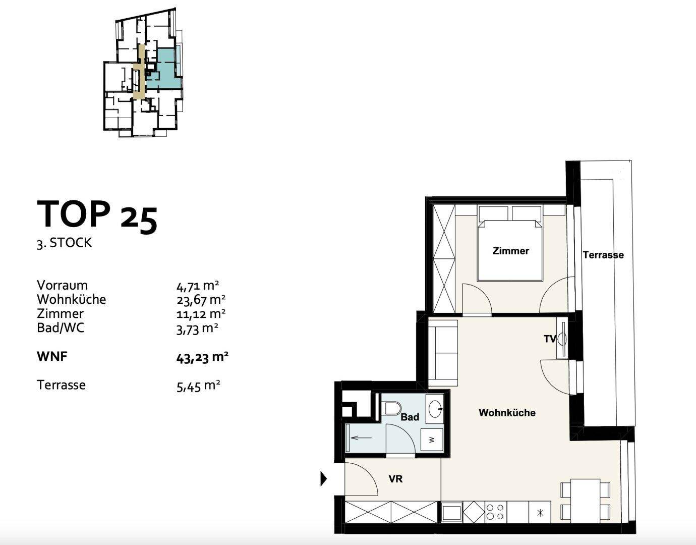 Grundriss einer Wohnung im dritten Stock mit Wohnküche, Zimmer und Terrasse.