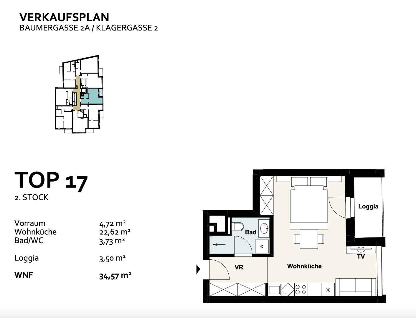 Grundrissplan einer Wohnung mit Wohnküche, Bad, Vorraum und Loggia im zweiten Stock.