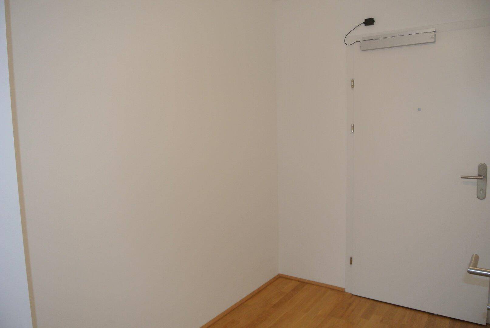 Heller Flur mit weißer Eingangstür und hellem Holzfußboden in einem modernen Gebäude.