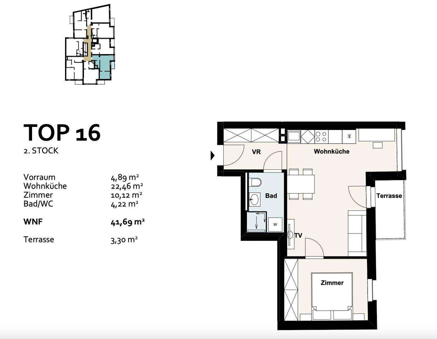 Grundriss der Wohnung TOP 16 mit Wohnküche, Zimmer, Bad und Terrasse, Gesamtfläche 43,69 m².
