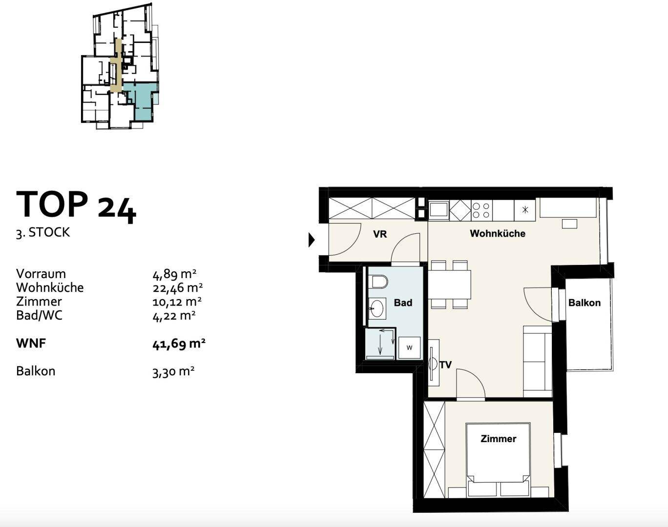Grundriss der Wohnung TOP 24 im 3. Stock mit Wohnküche, Zimmer und Balkon.