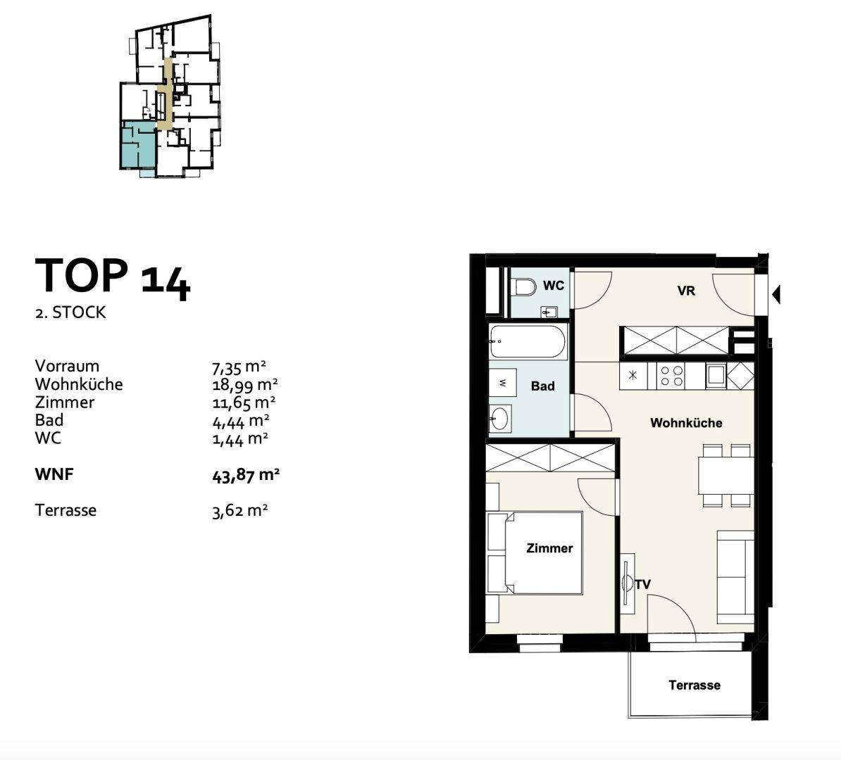 Grundriss der Wohnung TOP 14 mit offener Wohnküche, einem Zimmer, Bad, WC und Terrasse.