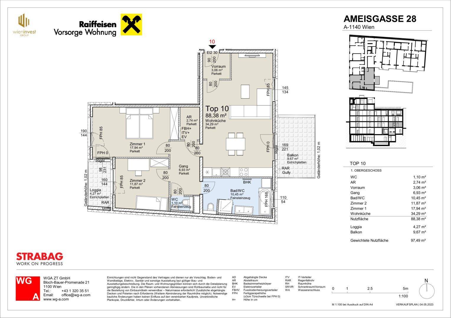 Detaillierter Grundriss einer 88,38 m² Wohnung mit Loggia und Balkon.