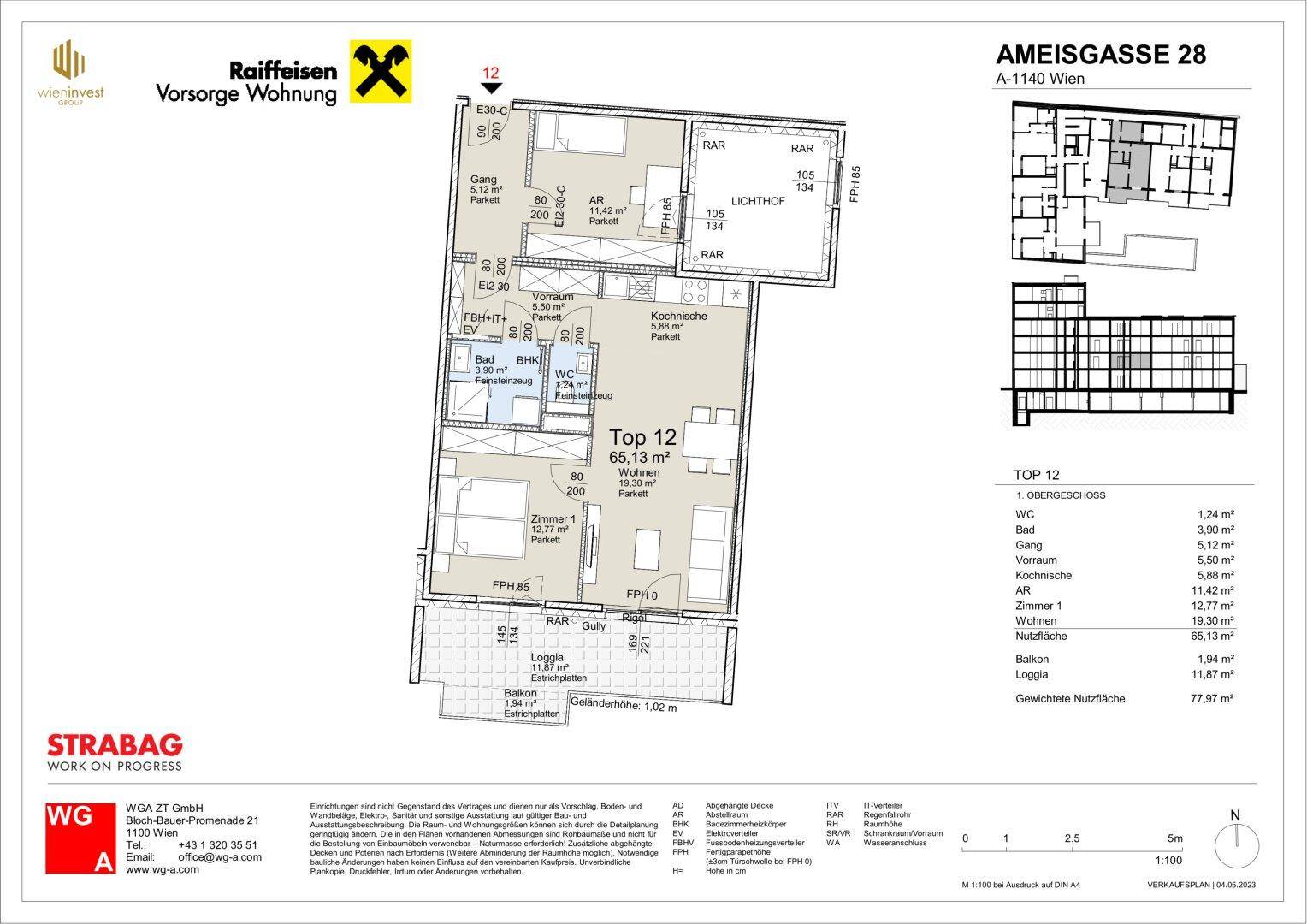 Grundriss der Wohnung Top 12 mit 65,13 m² Wohnfläche und Loggia.