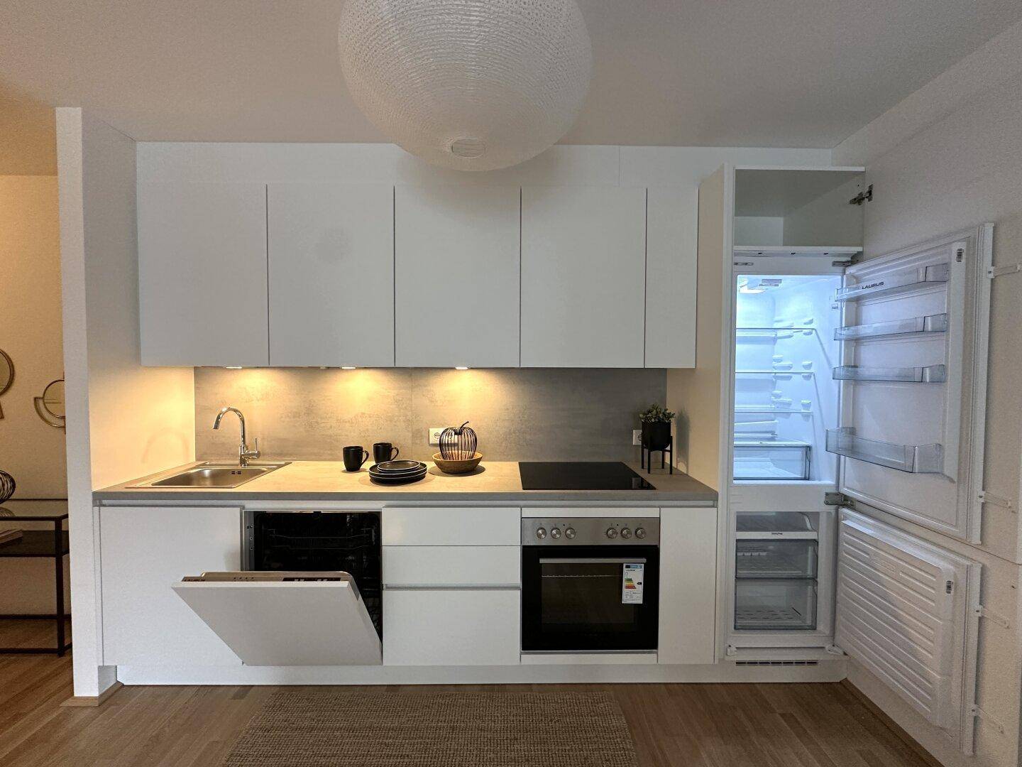 Moderne Einbauküche mit weißen Fronten, integrierten Geräten und Induktionskochfeld.