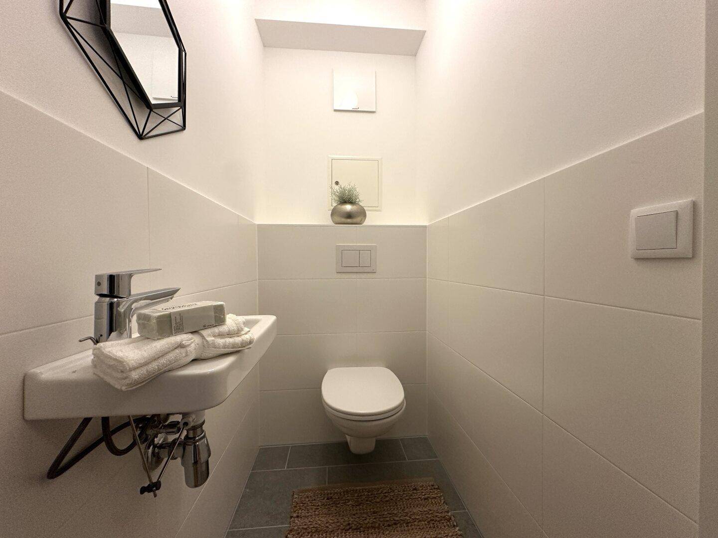 Modernes Gäste-WC mit Wand-WC, Waschbecken und Spiegel.