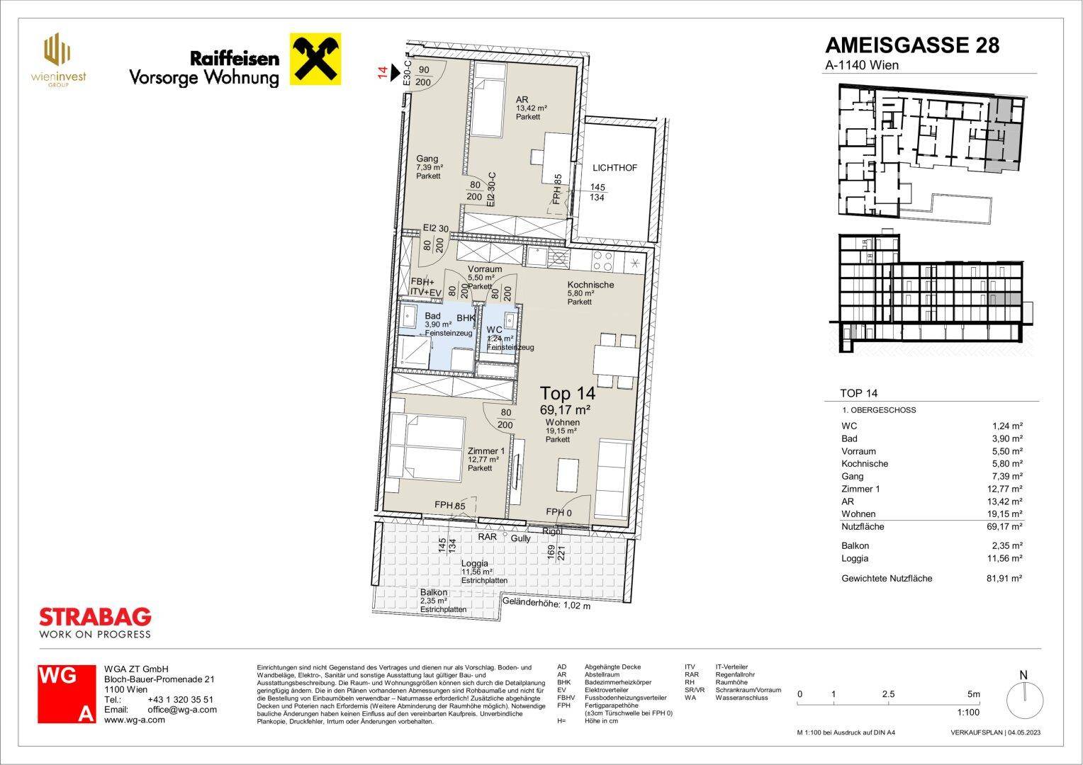 Detaillierter Grundriss der Wohnung Top 14 mit Raumaufteilung und Loggia.