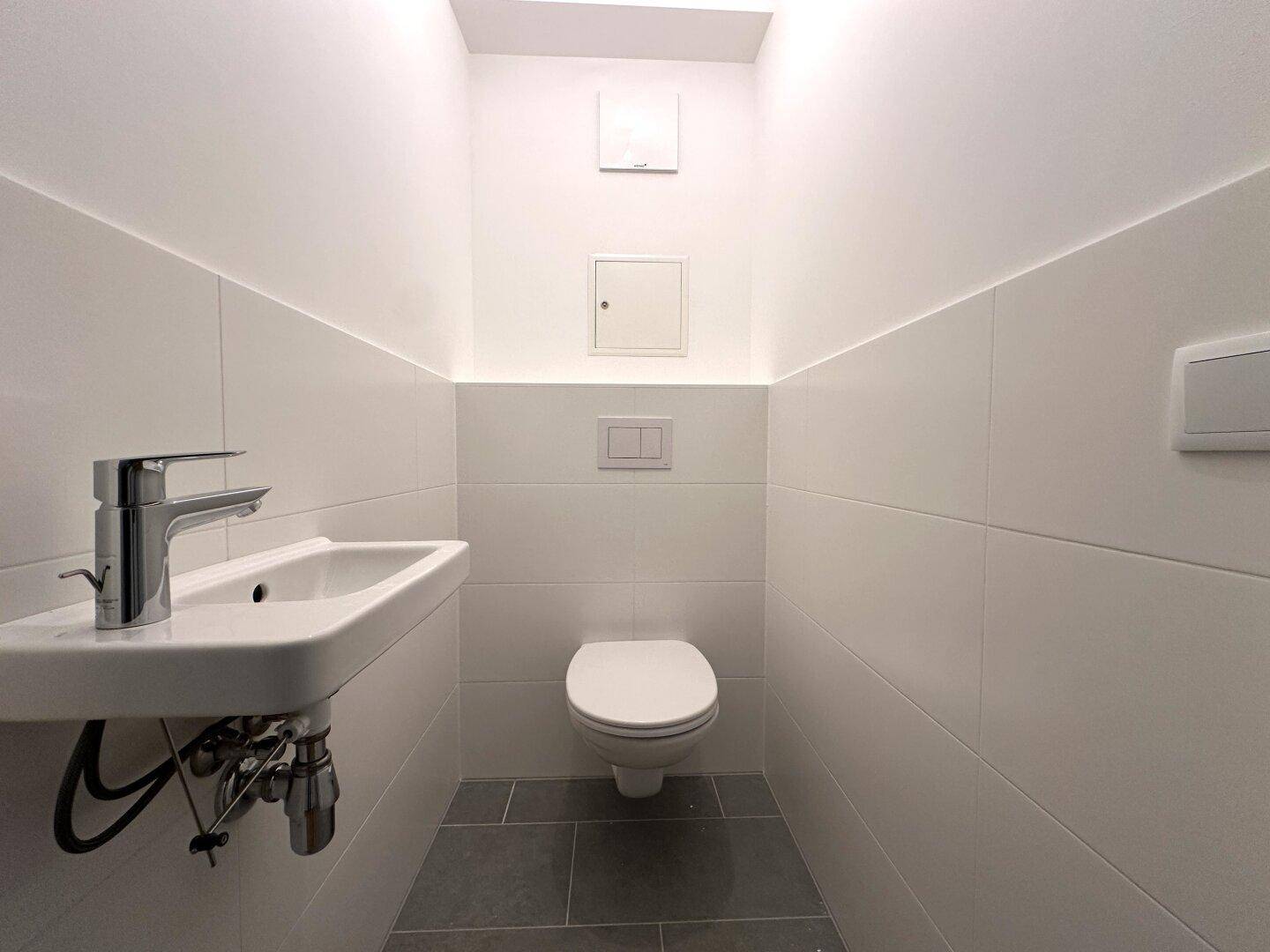 Kleines Gäste-WC mit wandhängender Toilette und Handwaschbecken.