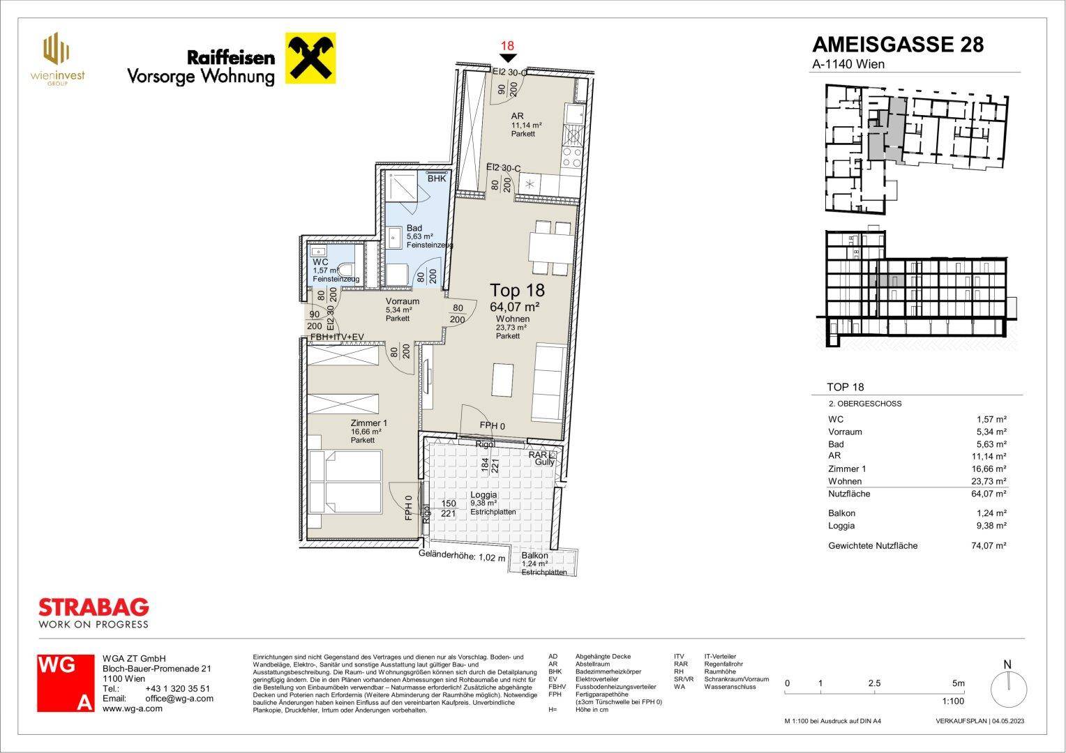 Detaillierter Grundriss der Wohnung Top 18 im 2. Obergeschoss mit Loggia und Balkon.