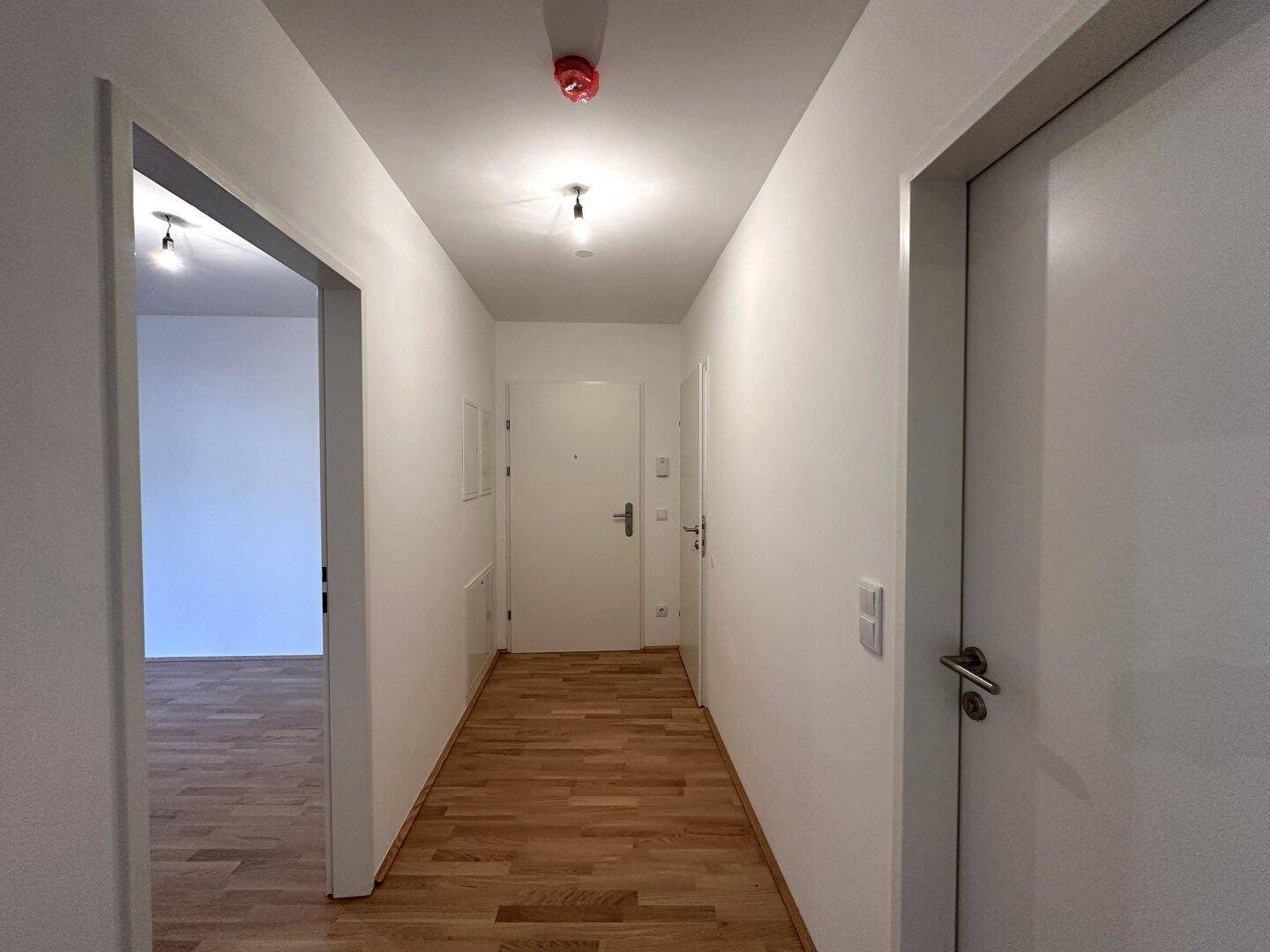 Langer, heller Flur mit Parkettboden und mehreren Türen zu den Zimmern.