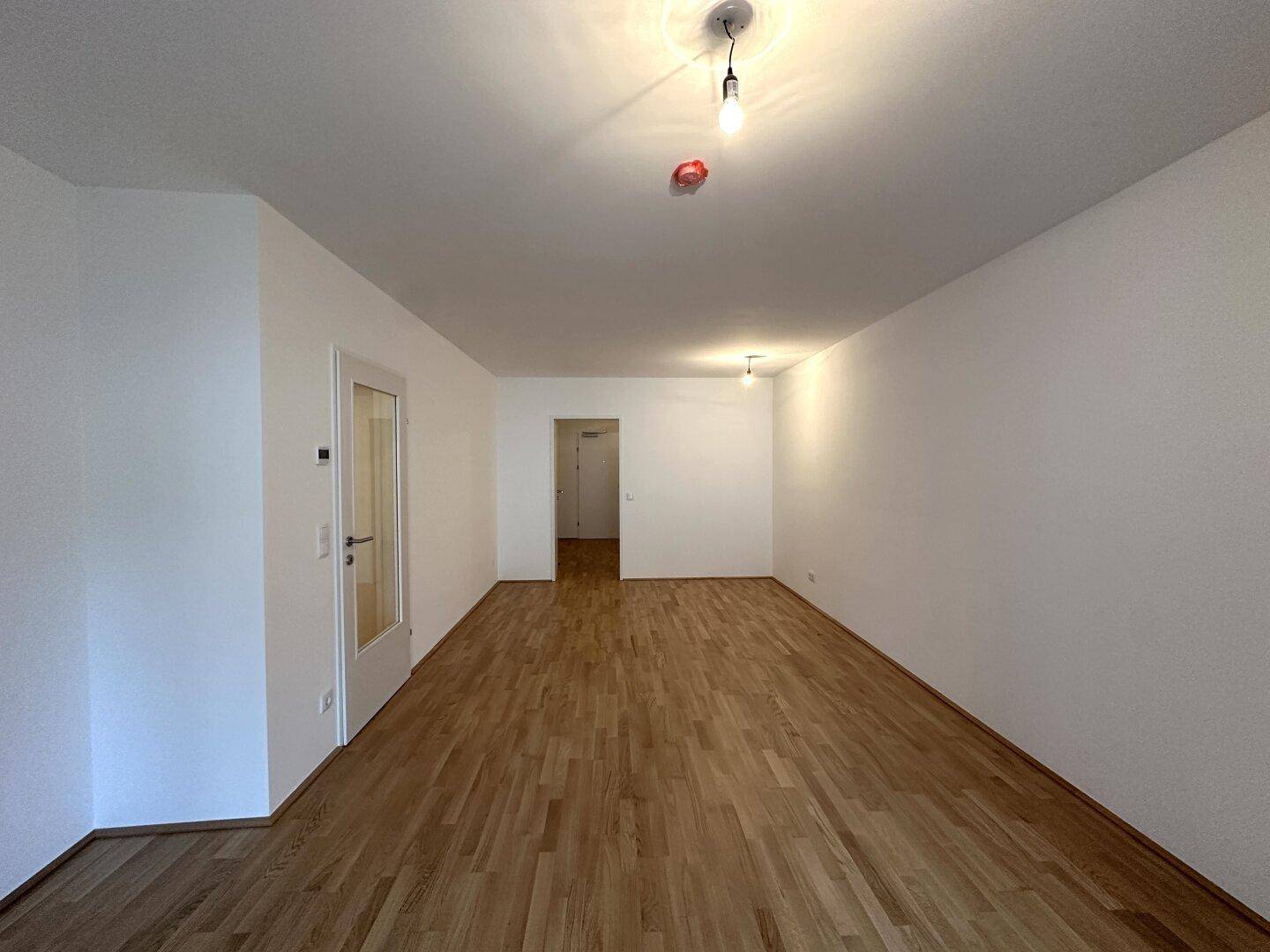 Heller, leerer Wohnraum mit Parkettboden und weiß gestrichenen Wänden.