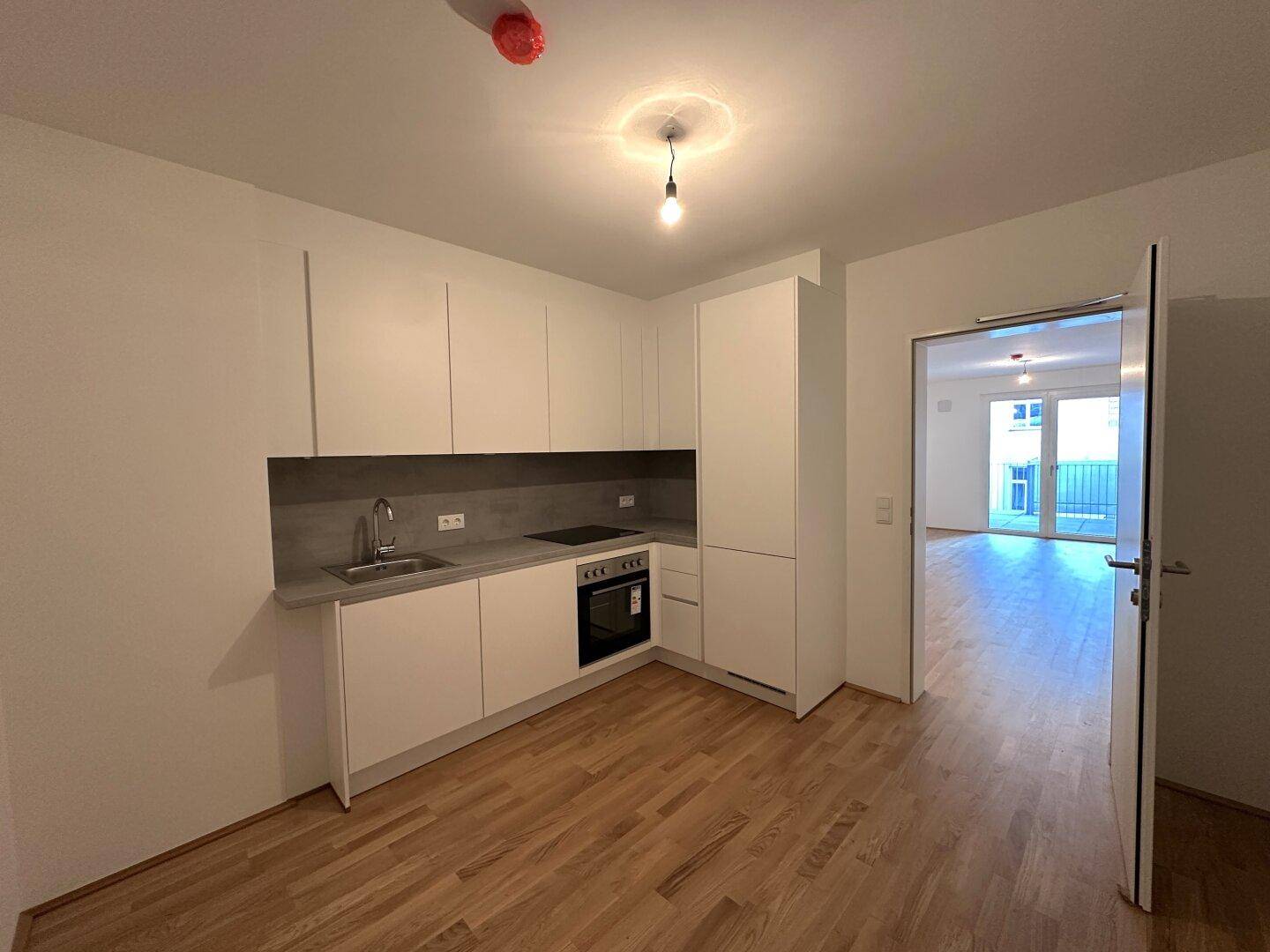 Moderne Küchenzeile mit weißen Fronten, Kochfeld und Blick in den Wohnbereich.
