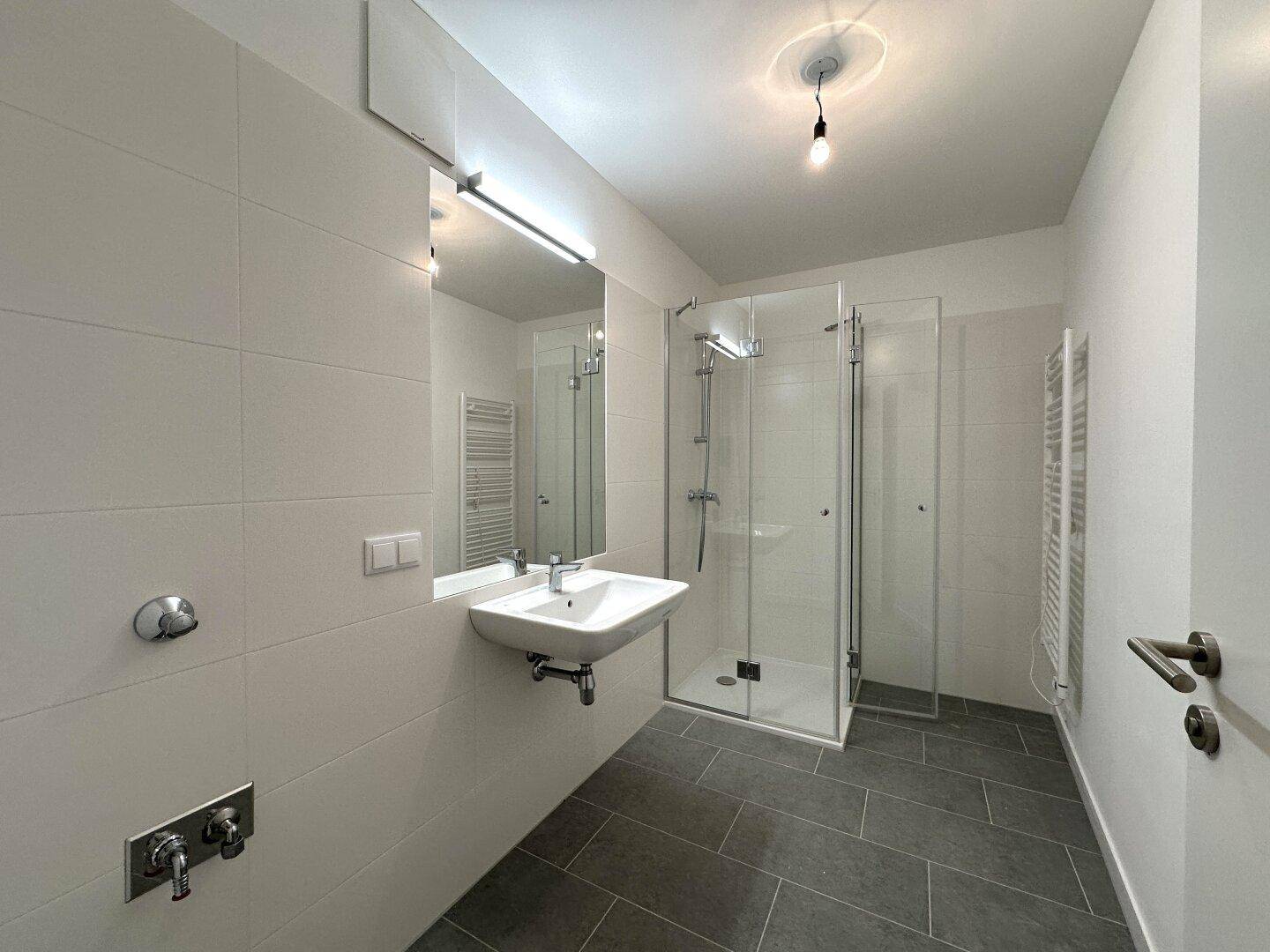 Modernes Badezimmer mit Dusche, Waschbecken und beheiztem Handtuchhalter.