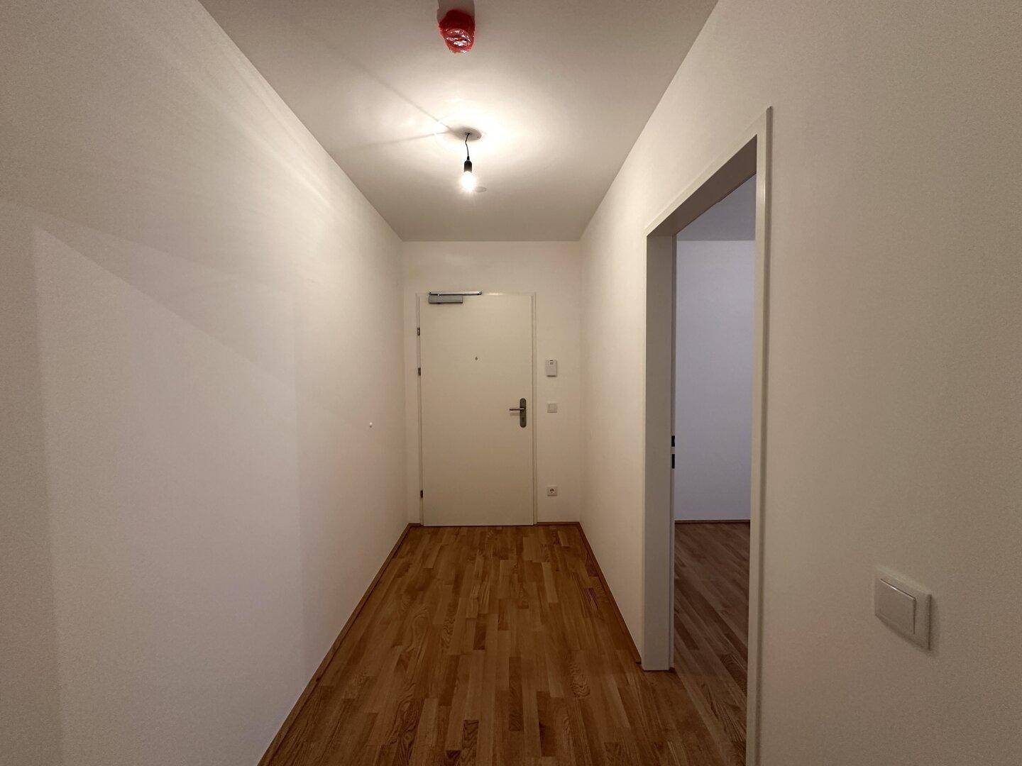 Heller Eingangsbereich mit Parkettboden und weißer Tür, führt zu den Wohnräumen.