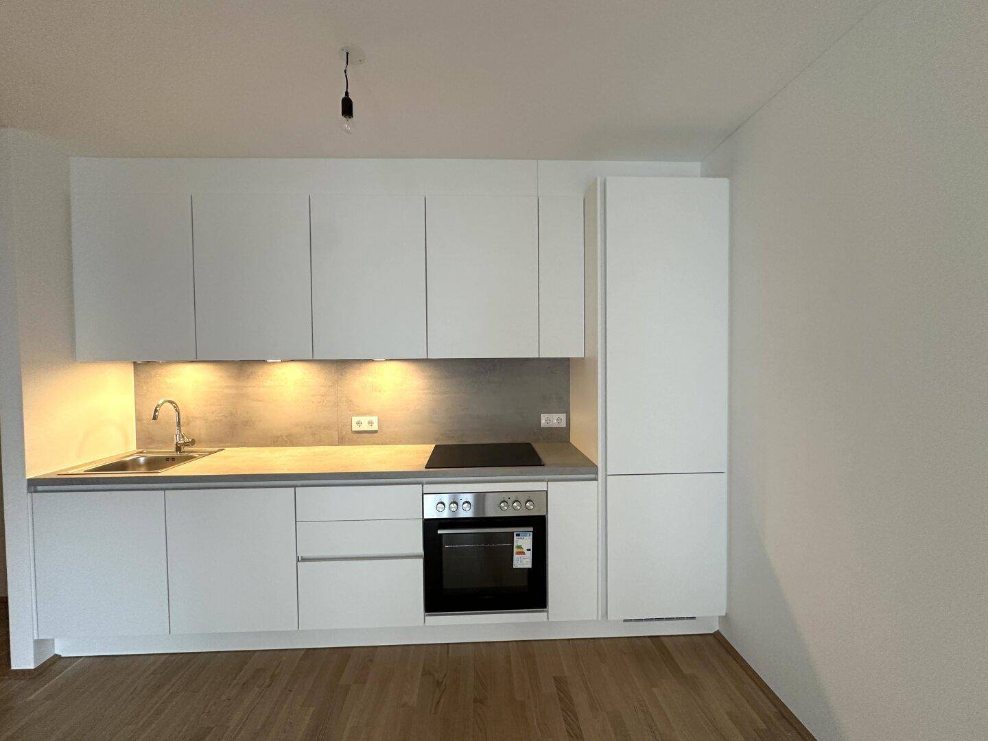 Moderne Küchenzeile mit weißen Schränken, integriertem Backofen und Induktionskochfeld.