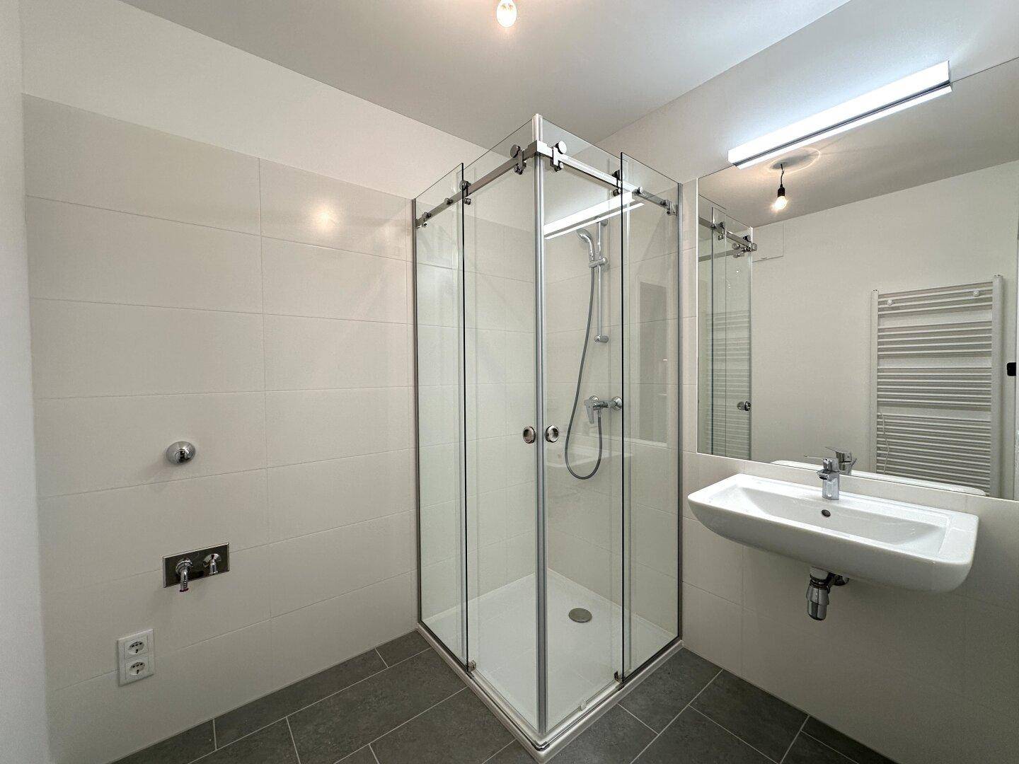 Modernes Badezimmer mit Duschkabine, Waschbecken und beheiztem Handtuchhalter.
