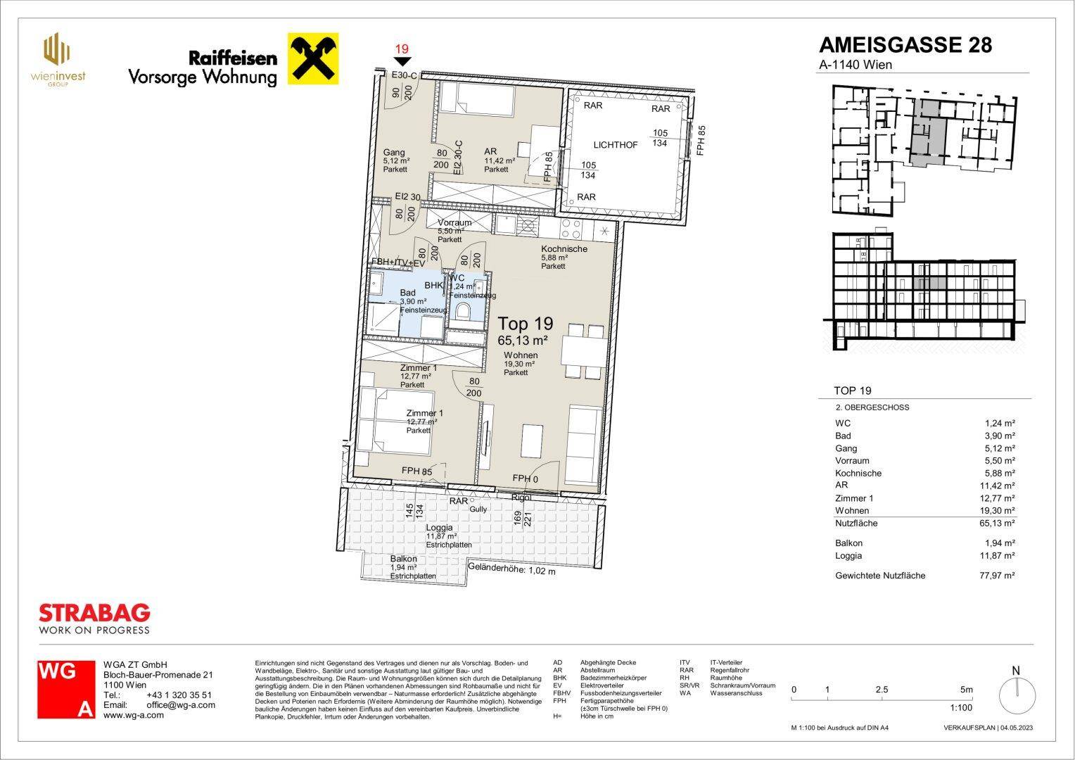 Detaillierter Grundriss der Wohnung Top 19 mit 65,13 m² Wohnfläche und Loggia.