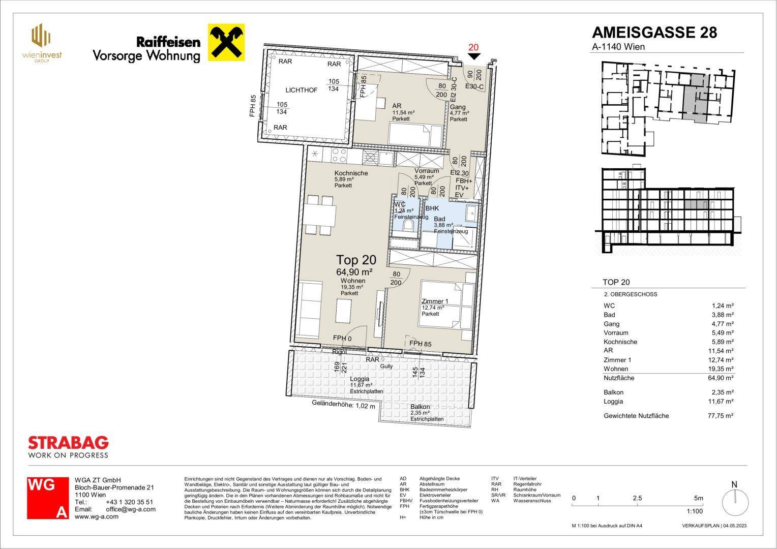 Grundriss der Wohnung Top 20 im 2. Obergeschoss mit 64,90 m² Wohnfläche.