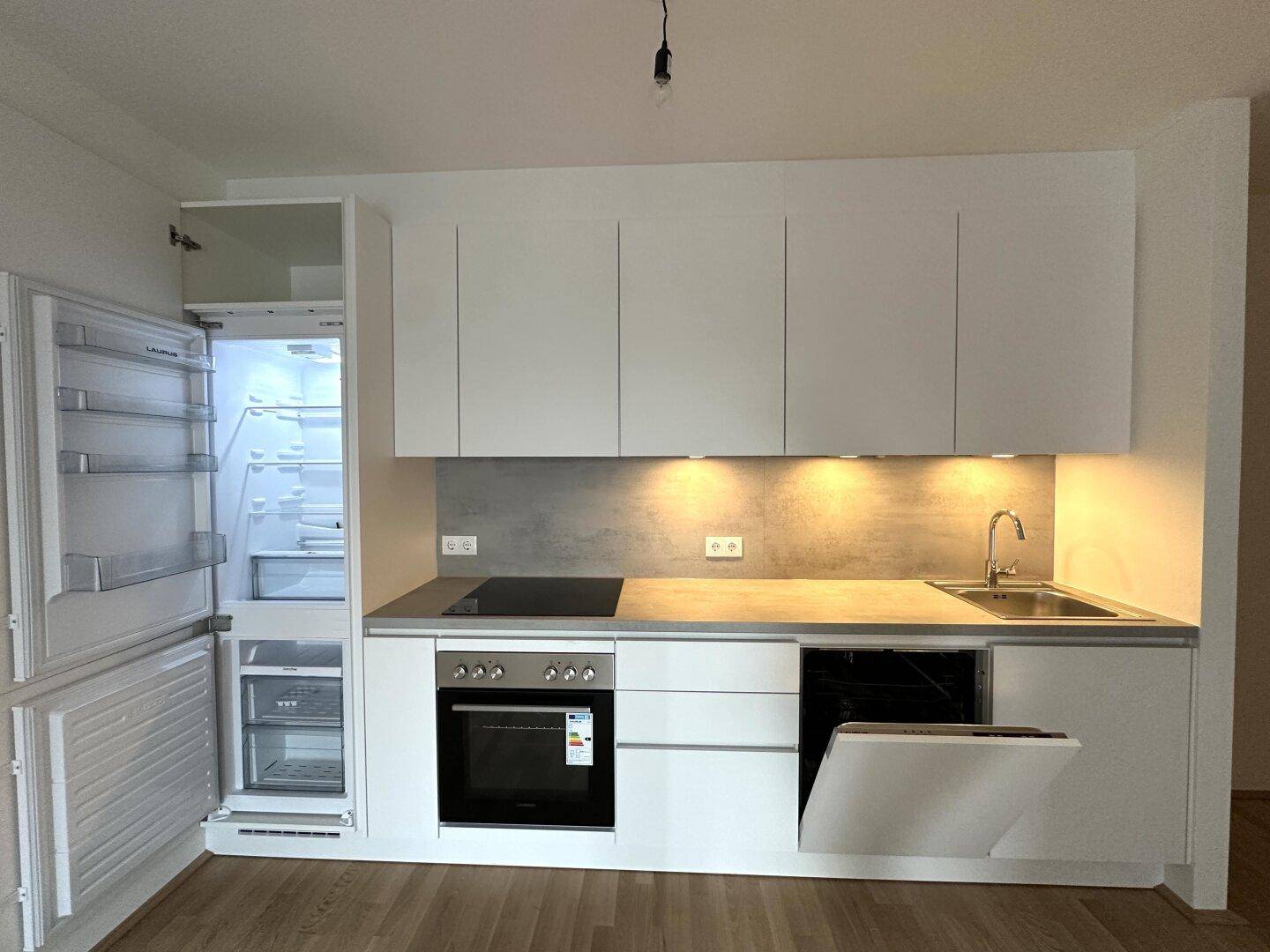 Voll ausgestattete Einbauküche mit Kühlschrank, Geschirrspüler und Backofen.