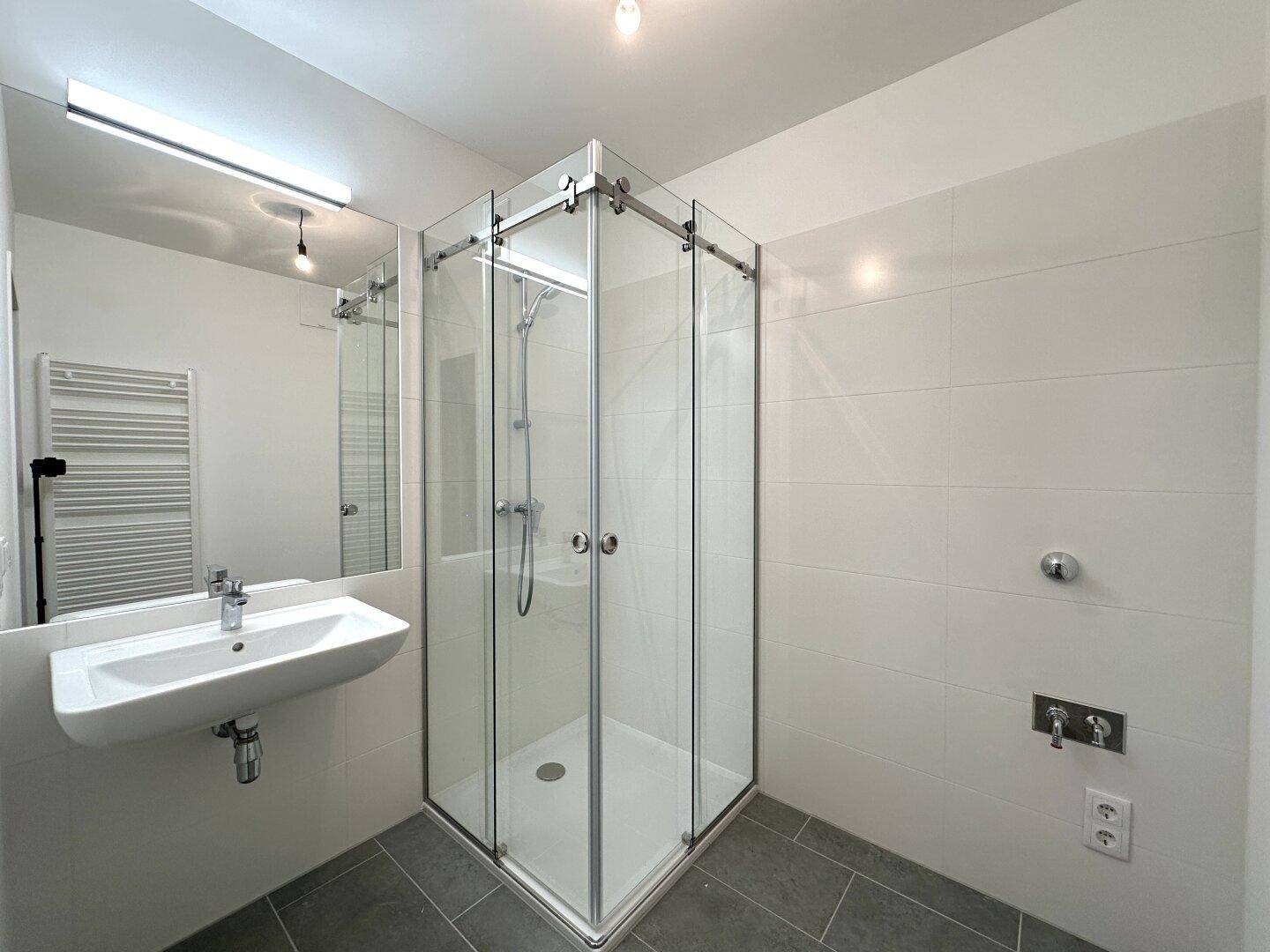 Modernes Badezimmer mit Duschkabine, Waschbecken und beheiztem Handtuchhalter.